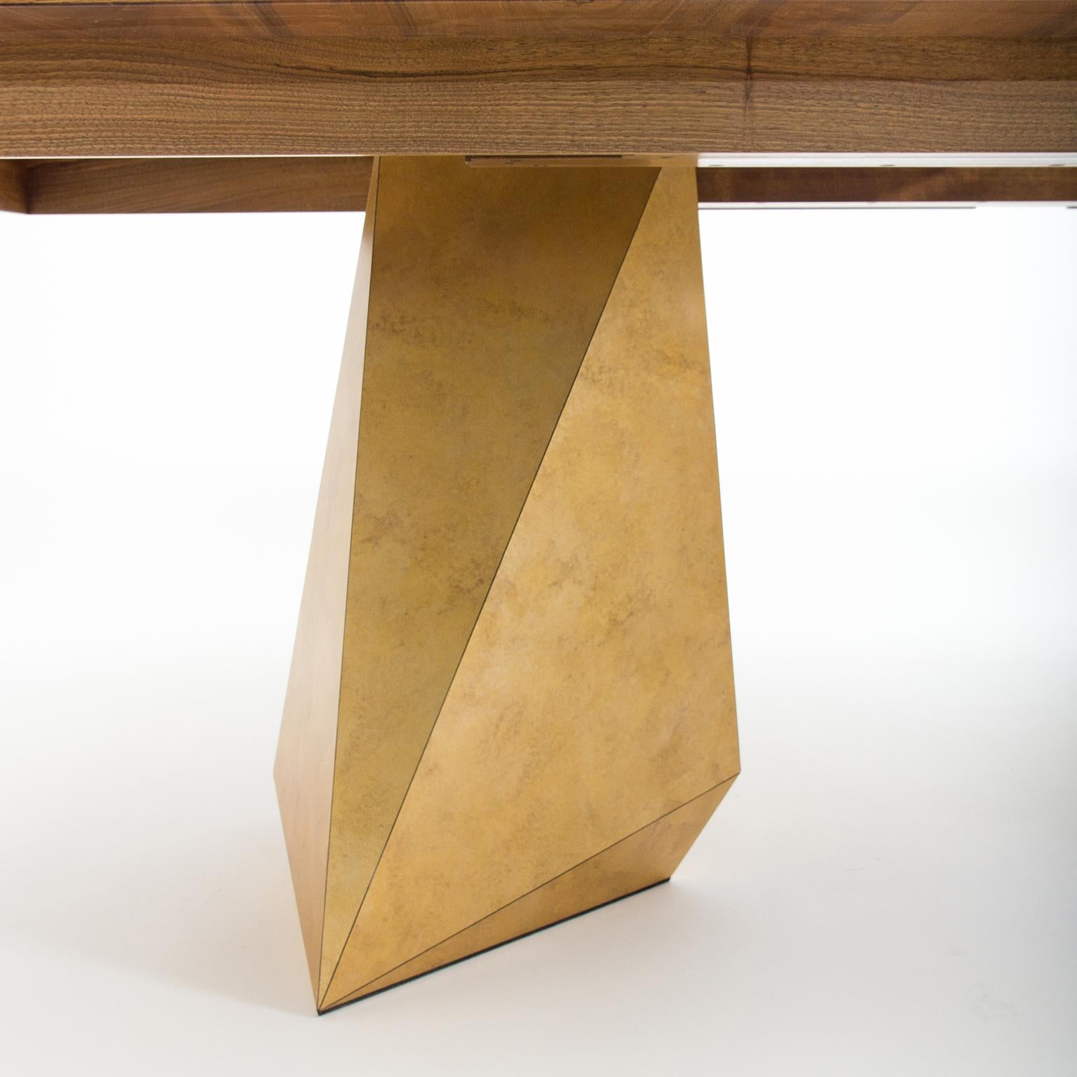 Contemporary Extending Dining Table in Walnut with Brass effect legs, seats 8-14 In New Condition For Sale In Bosham, GB