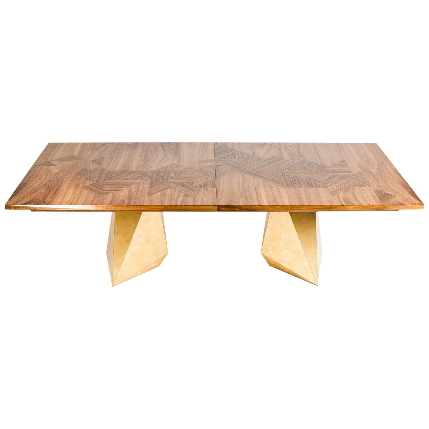 Contemporary Extending Dining Table in Walnut with Brass effect legs, seats 8-14 For Sale