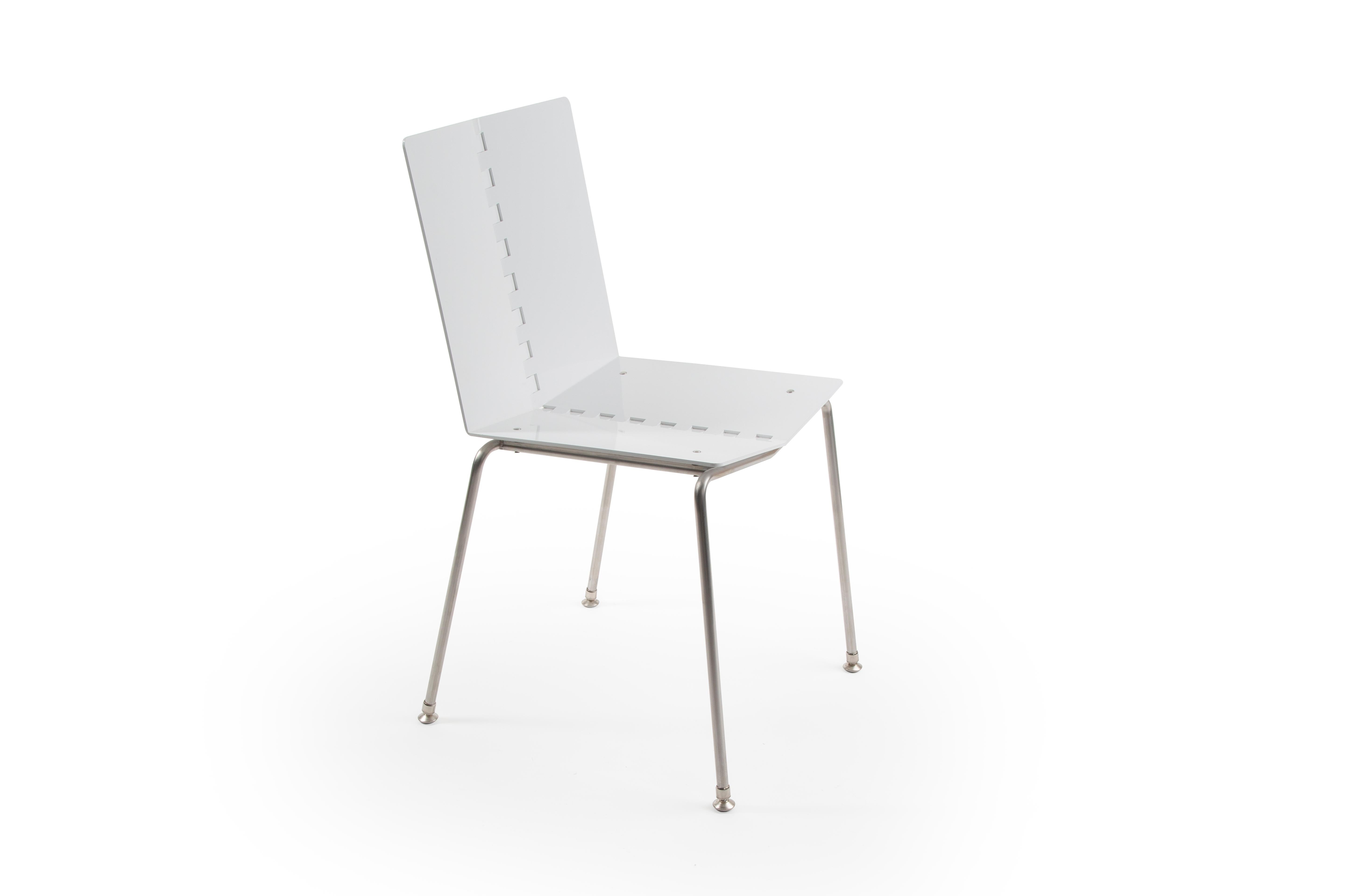 This unique dining chair is perfect for any small cafe, coffee shop, dining room or restaurant looking for a contemporary solution for seating. Powder-coated aluminum seat and stainless steel legs make for a simple, sleek aesthetic capable of making