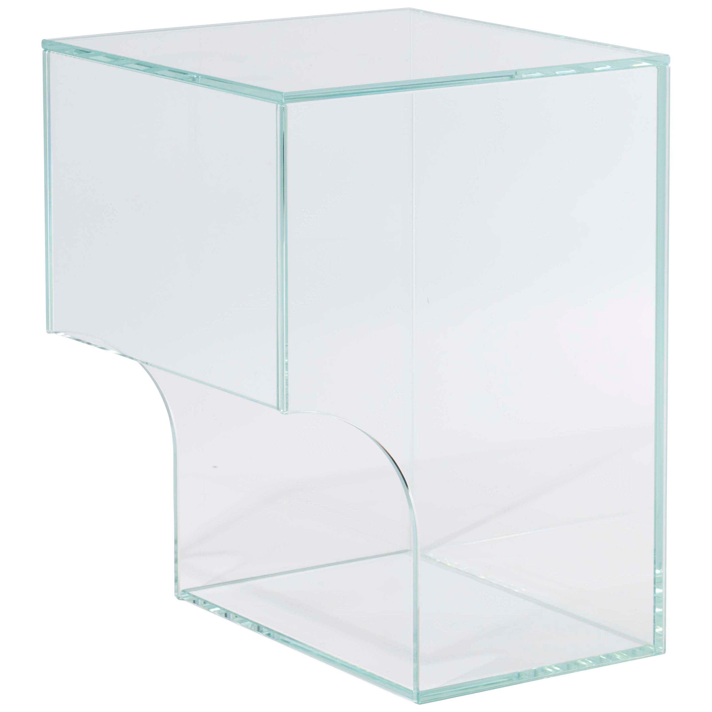 Table d'appoint en arc de cercle contemporaine minimaliste, verre extra transparent, design belge