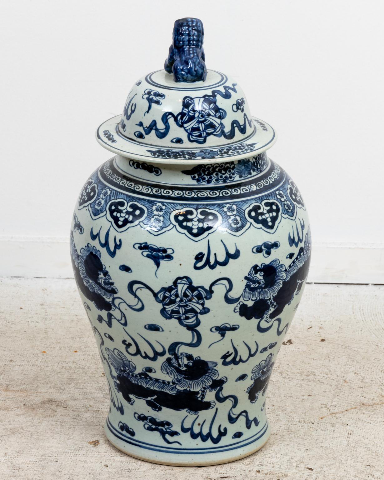 large blue and white ginger jars