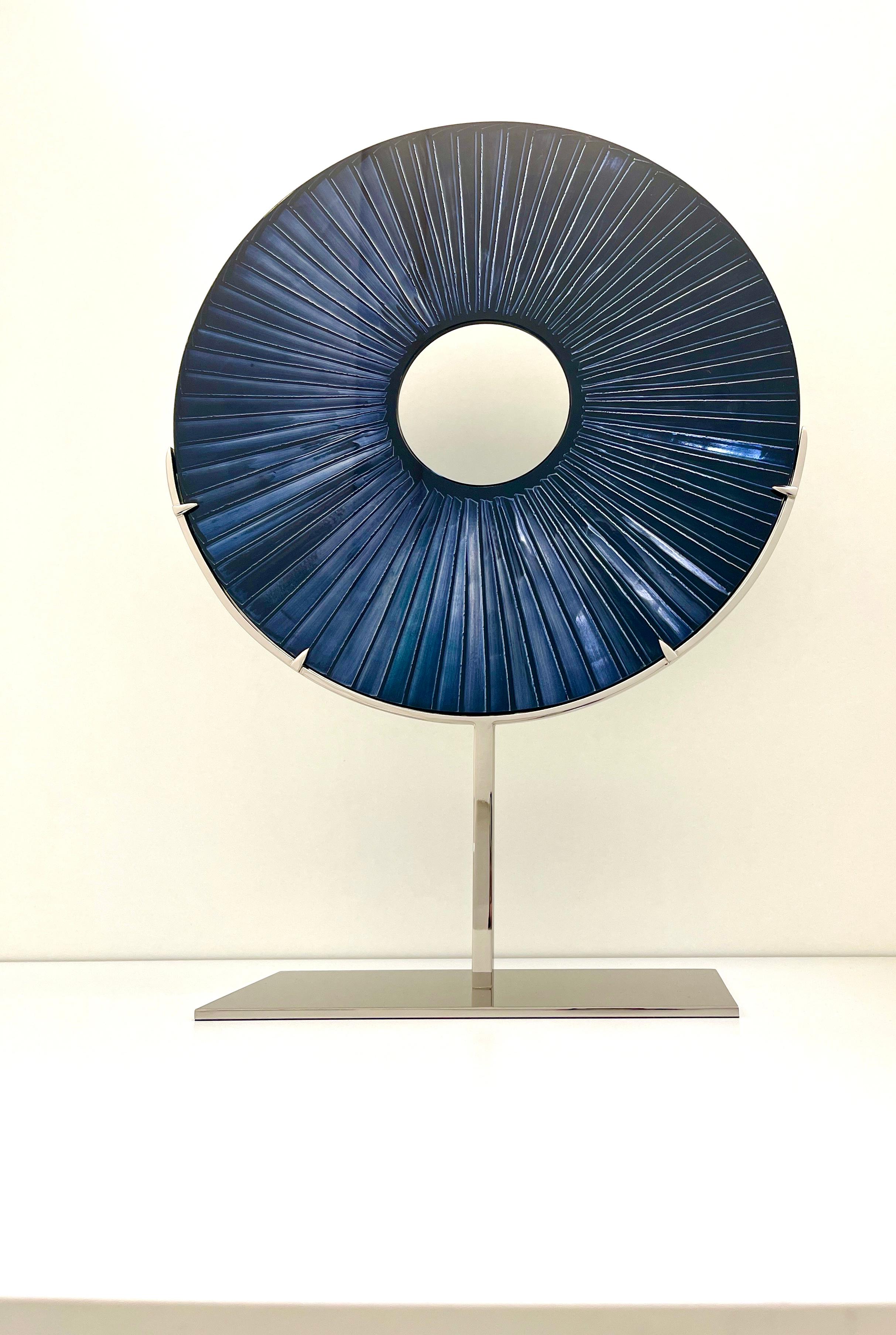 Italian Contemporary 'Eye' Handcrafted Blue Crystal Sculpture Dia 17.6'' by Ghiró Studio For Sale