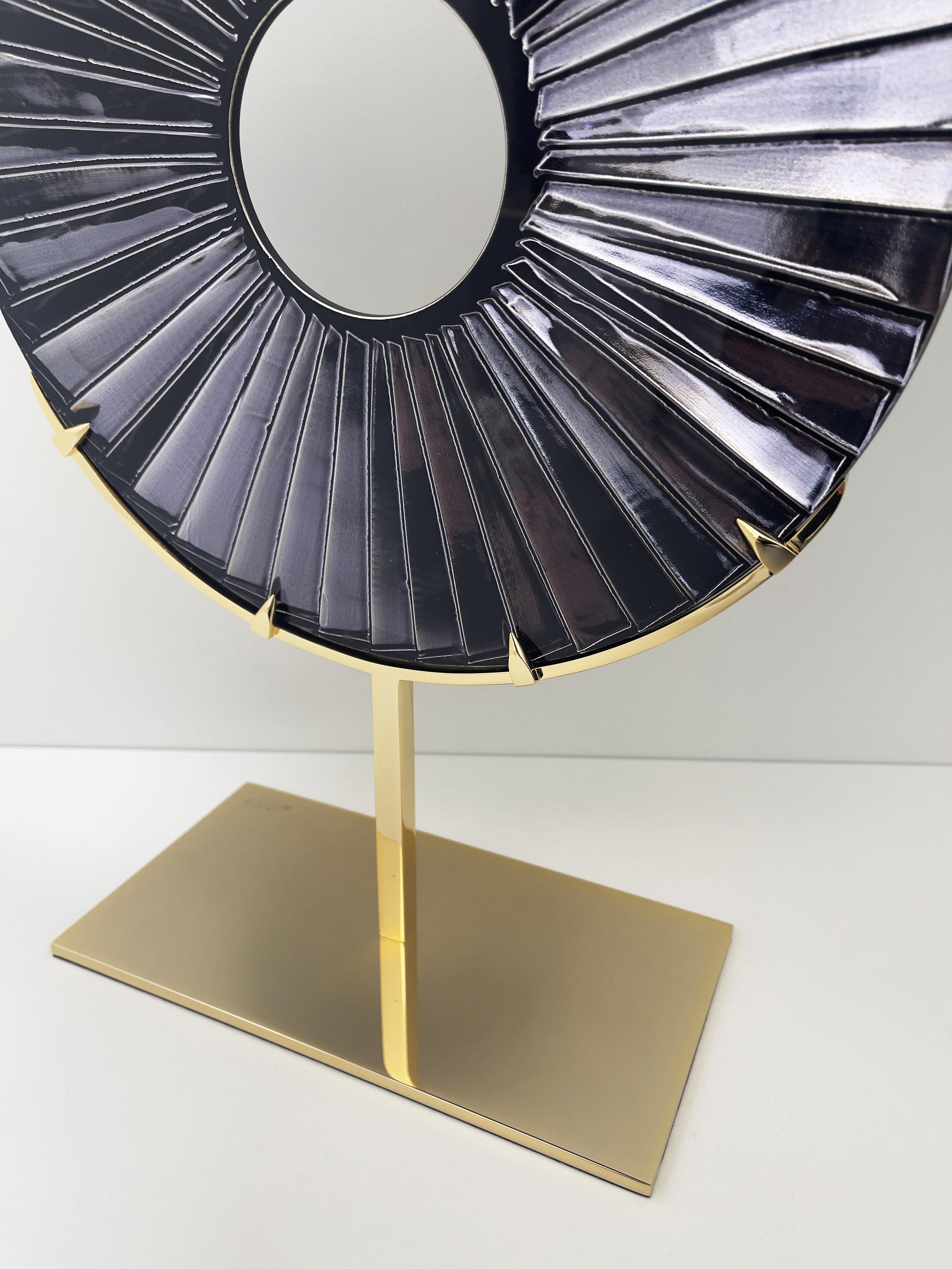 Modern Contemporary 'Eye' Sculpture Black Glass, Brass and 24 Kt Gold by Ghiro Studio For Sale