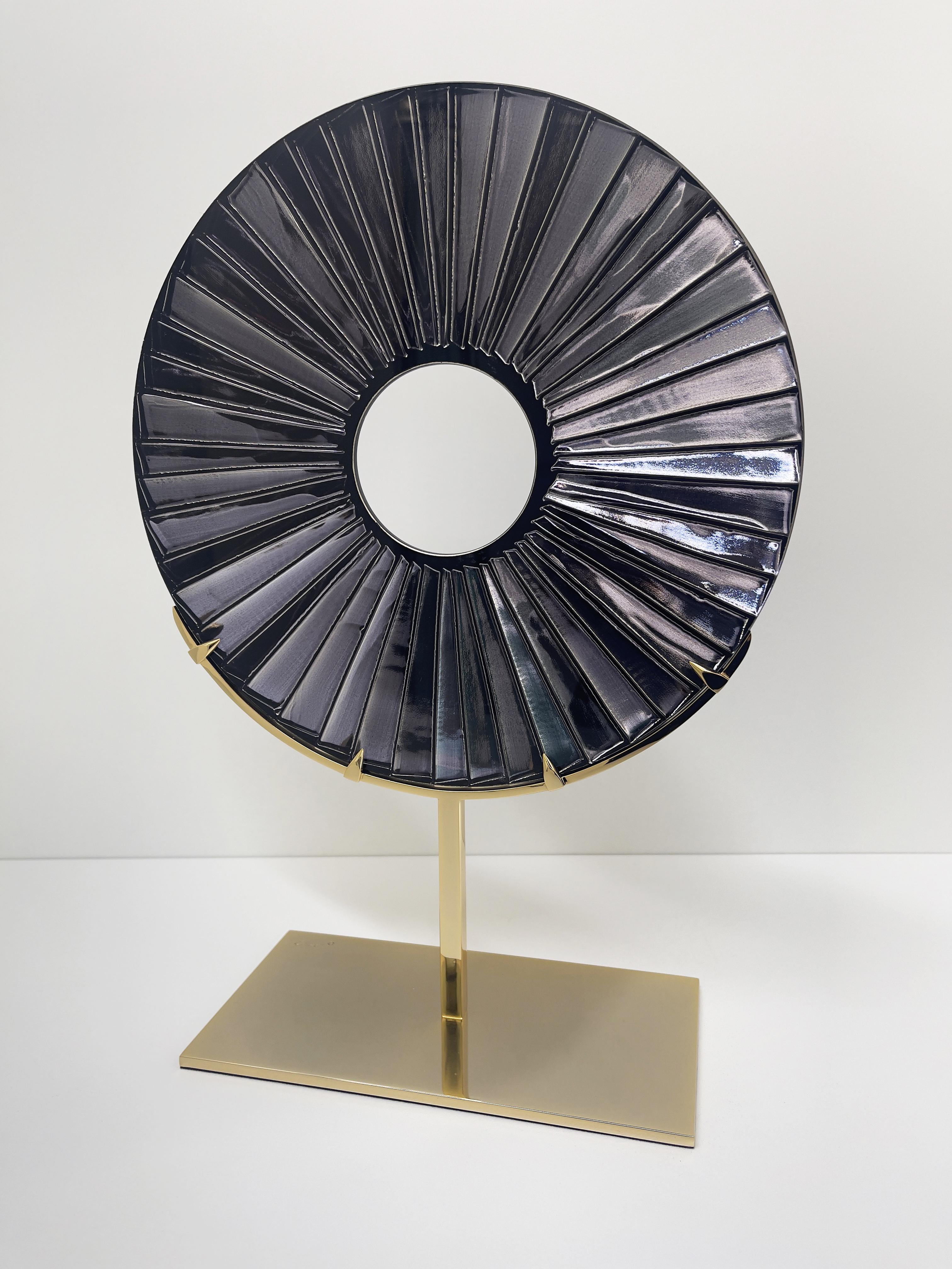 Italian Contemporary 'Eye' Sculpture Black Glass, Brass and 24 Kt Gold by Ghiro Studio For Sale