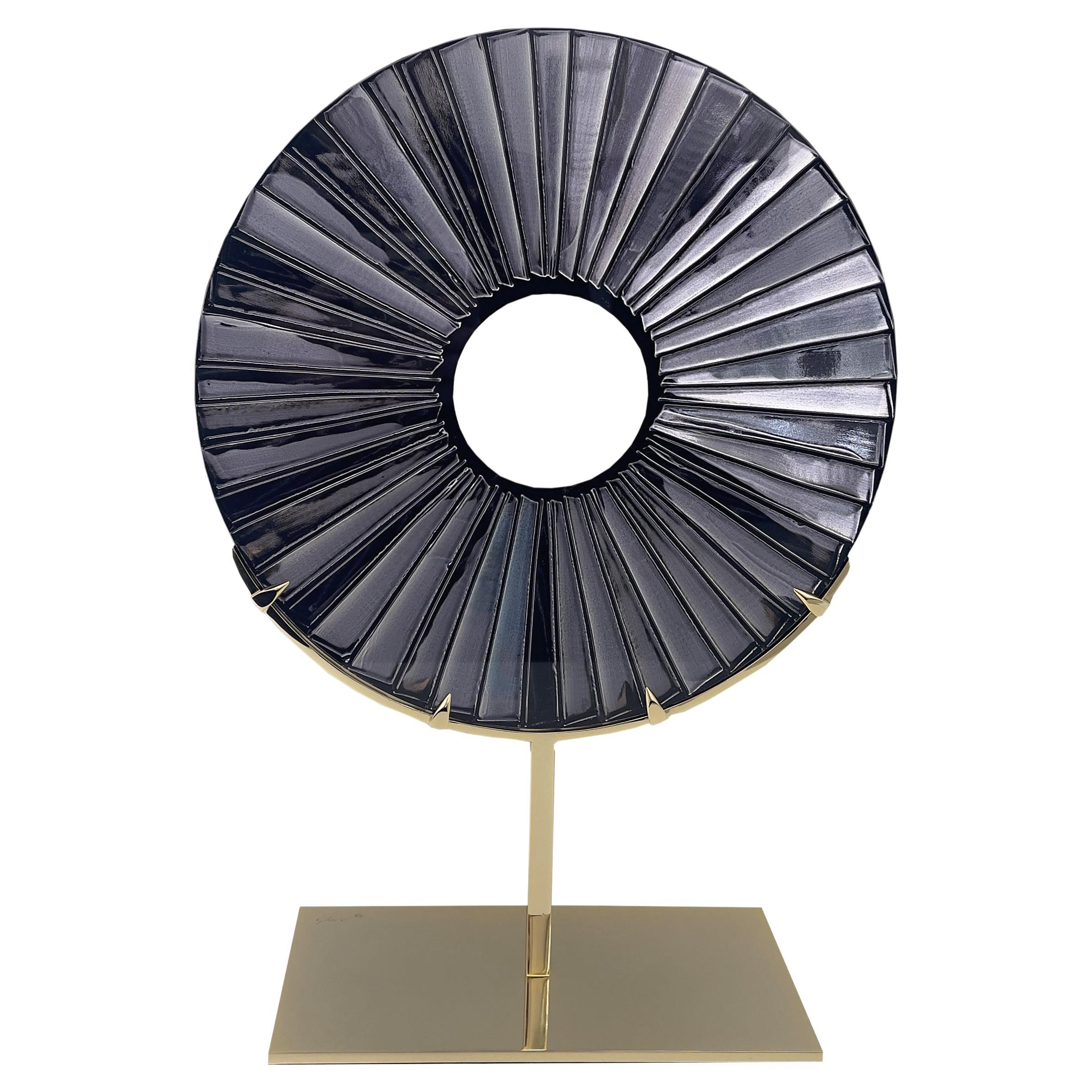 Contemporary 'Eye' Sculpture Black Glass, Brass and 24 Kt Gold by Ghiro Studio For Sale