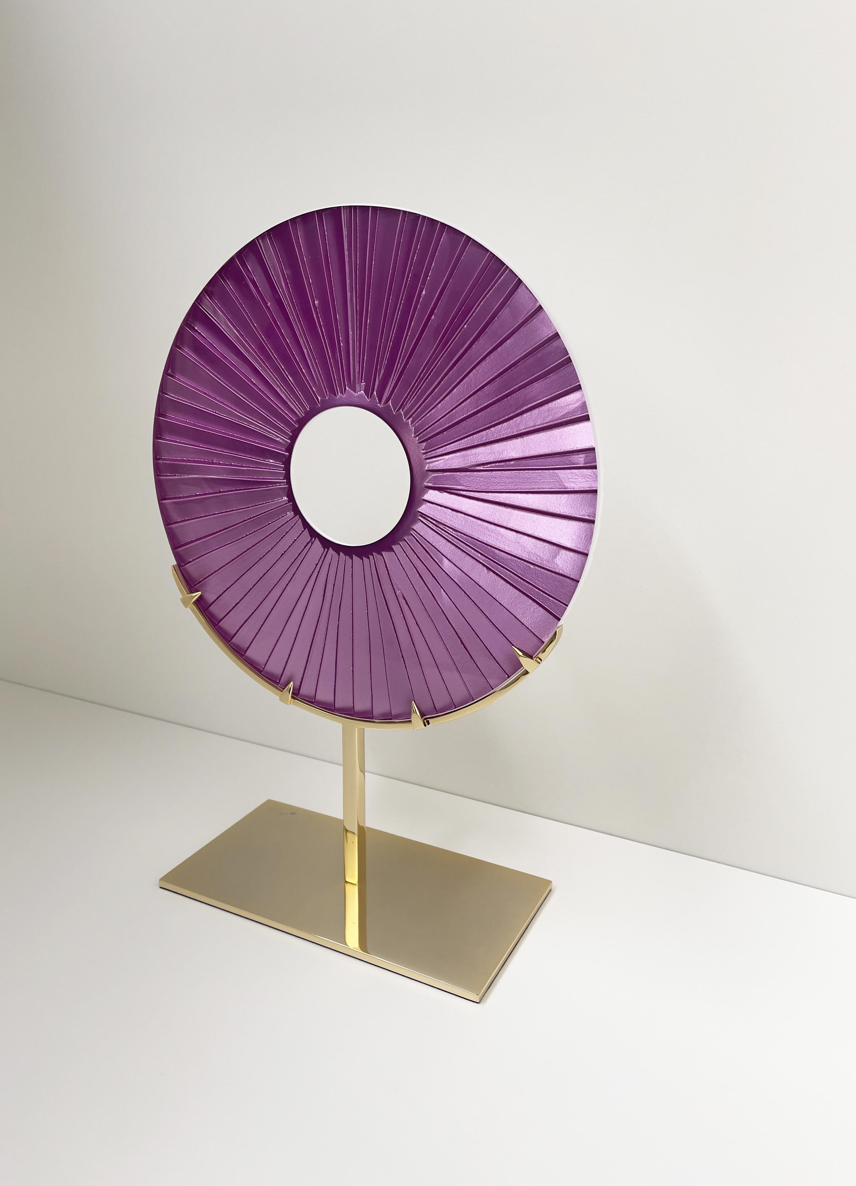 Hand-Crafted Contemporary 'Eye' Sculpture Fuchsia Glass, Brass and 24 Kt Gold by Ghiro Studio For Sale