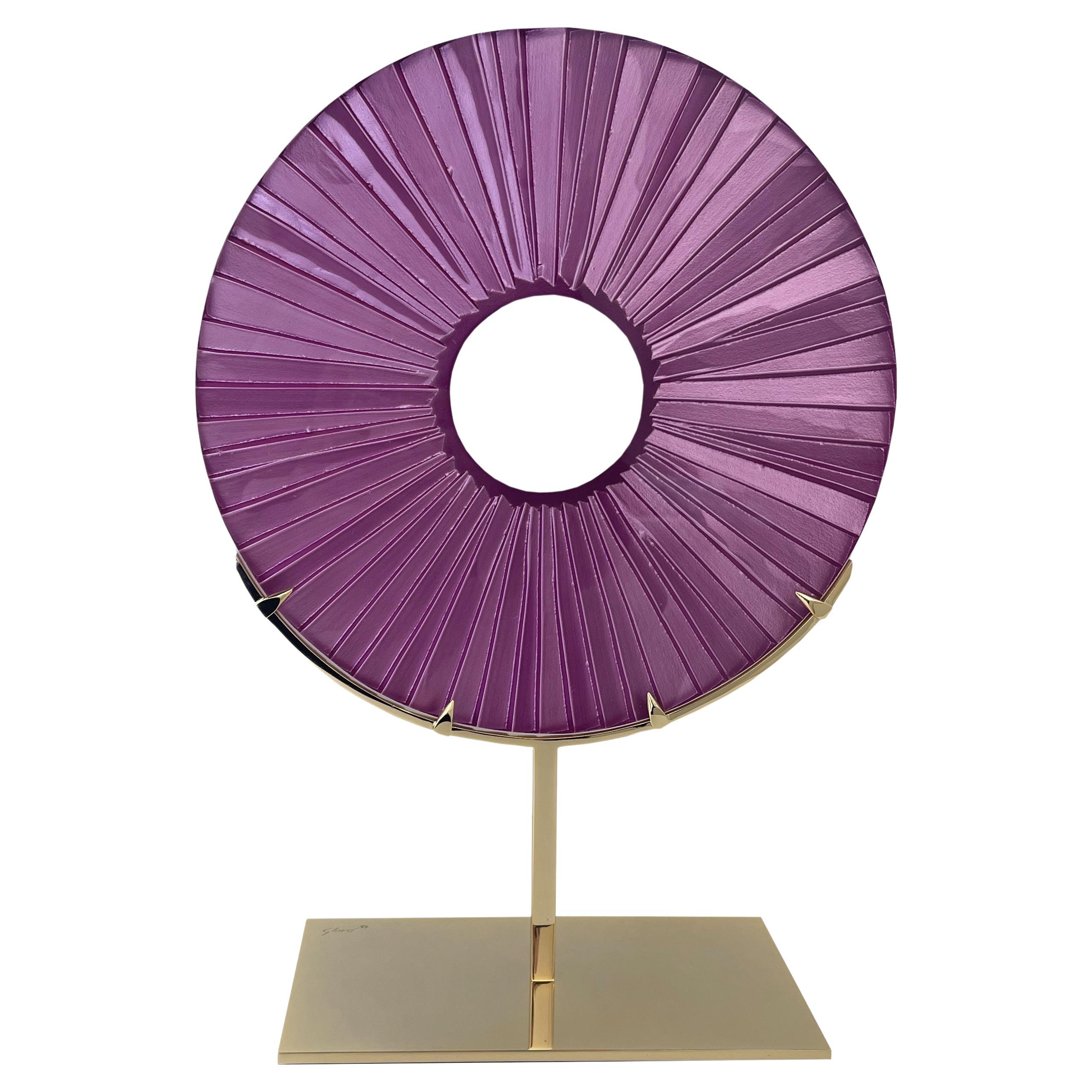Contemporary 'Eye' Sculpture Fuchsia Glass, Brass and 24 Kt Gold by Ghiro Studio For Sale