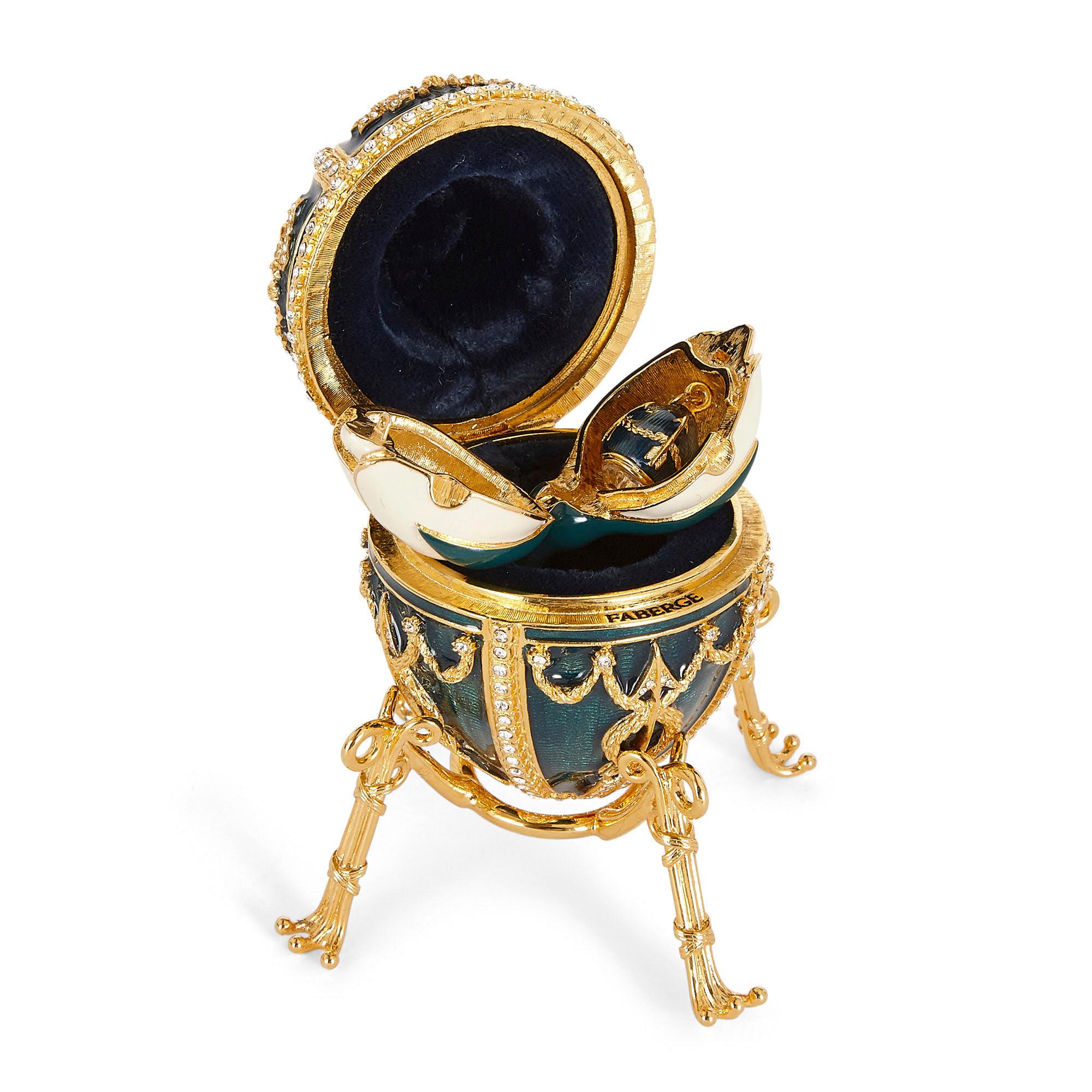 Gilt Contemporary Fabergé Easter Egg with Green Guilloché Enamel and Gemstones