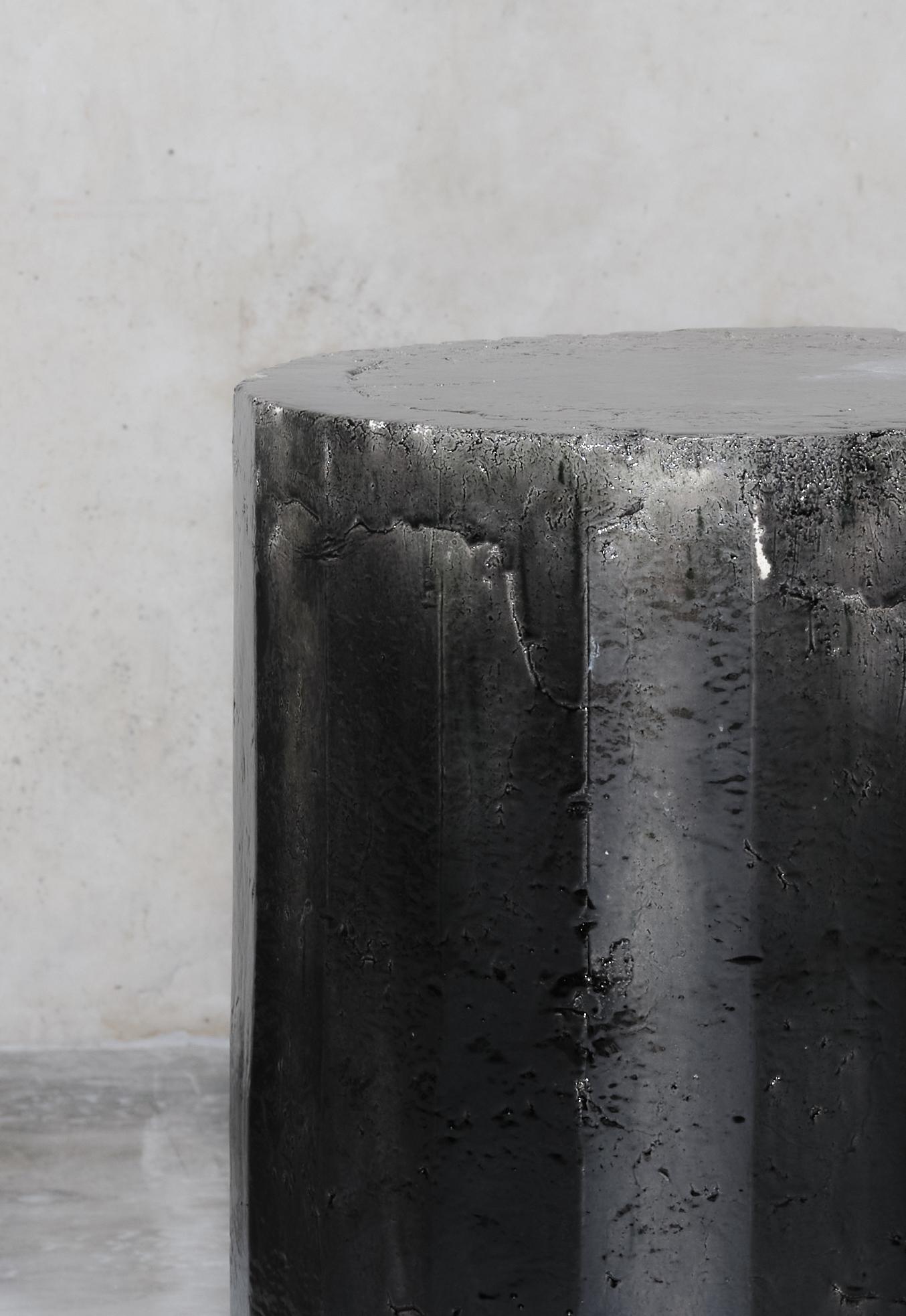 Spanish Contemporary Facetated Ceramic Side Table Column Stool Glazed Black For Sale