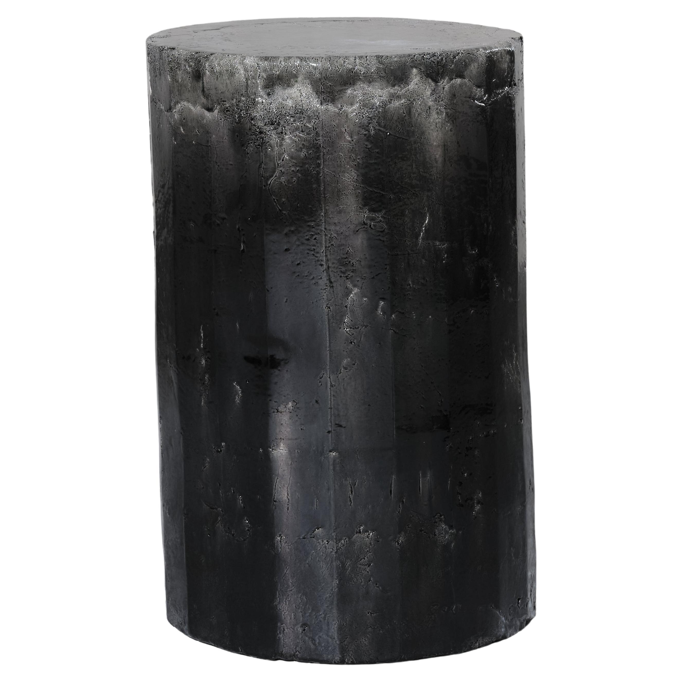 Contemporary Facetated Ceramic Side Table Column Stool Glazed Black For Sale