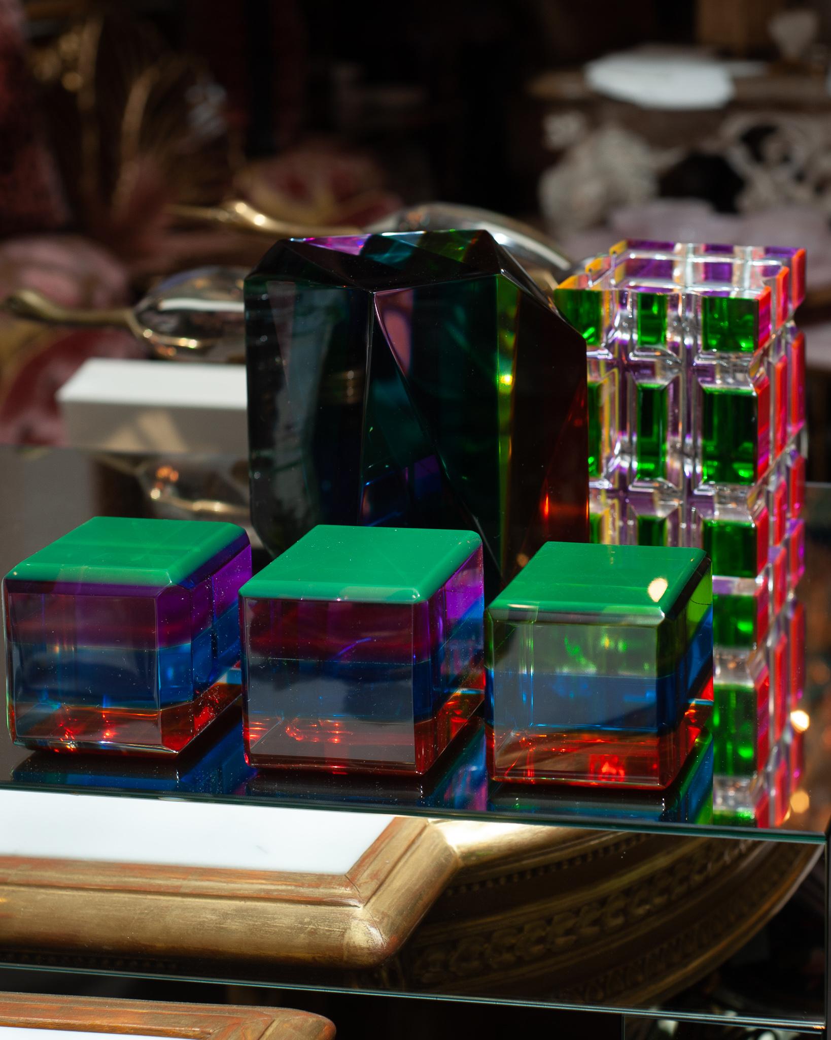 American Contemporary Faceted Multicolour Acrylic Cube Block For Sale