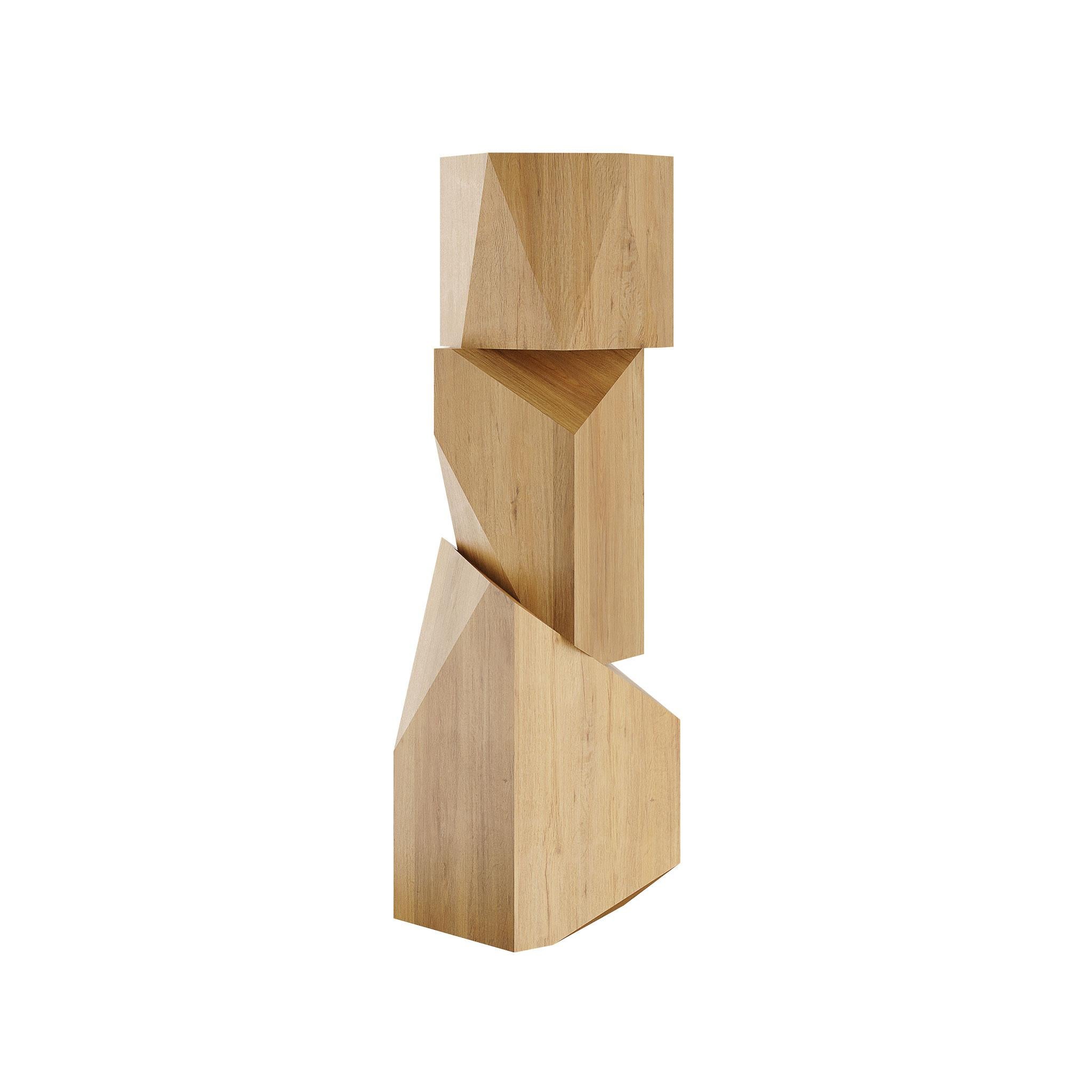 Modern Contemporary Customizable Carved Wood Totem Sculpture Pole in Oak Veneer For Sale