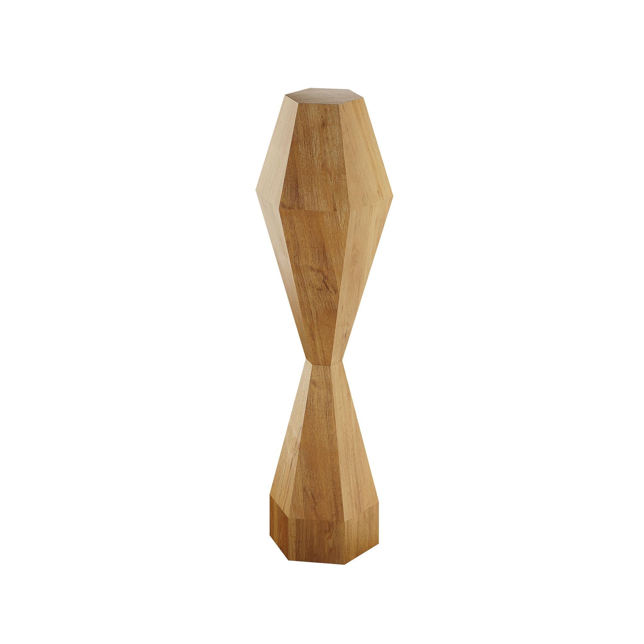 Hand-Carved Modern Customizable Faceted Wood Totem Sculpture Pole in Oak Matte Veneer For Sale