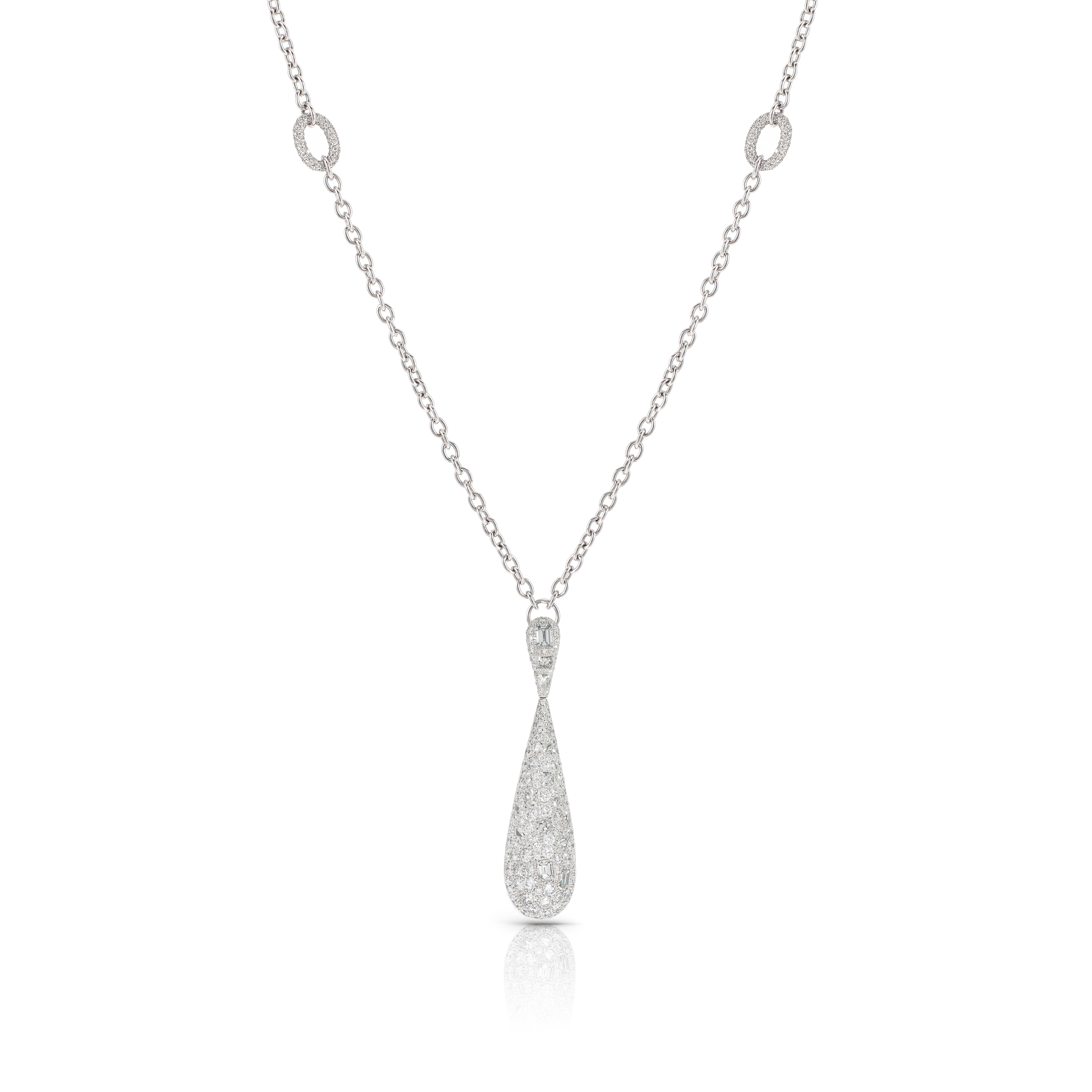 Rosior by Manuel Rosas Contemporary Pear Shape Pendant Necklace set in White Gold. 
Pendant:
- 1 Pear Cut Diamond with 0,09 ct;
- 1 Emerald Cut Diamond with 0,47 ct;
- 1 Baguette Cut Diamond with 0,17 ct;
- 165 Round Cut Diamonds, with different