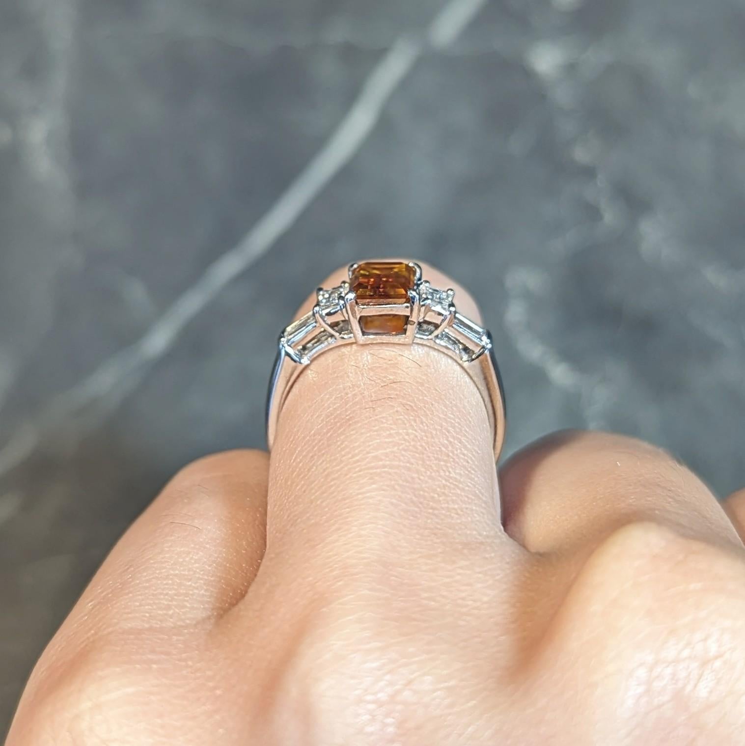 Contemporary Fancy Orange Brown Diamond Platinum Five Stone Engagement Ring For Sale 8