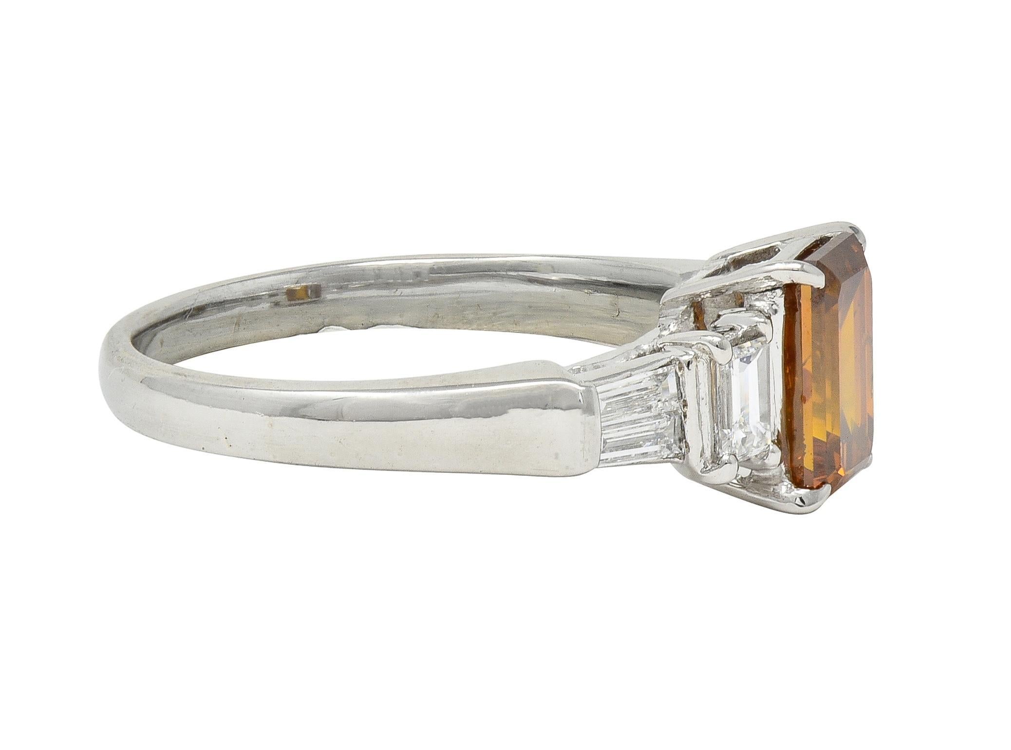 Emerald Cut Contemporary Fancy Orange Brown Diamond Platinum Five Stone Engagement Ring For Sale