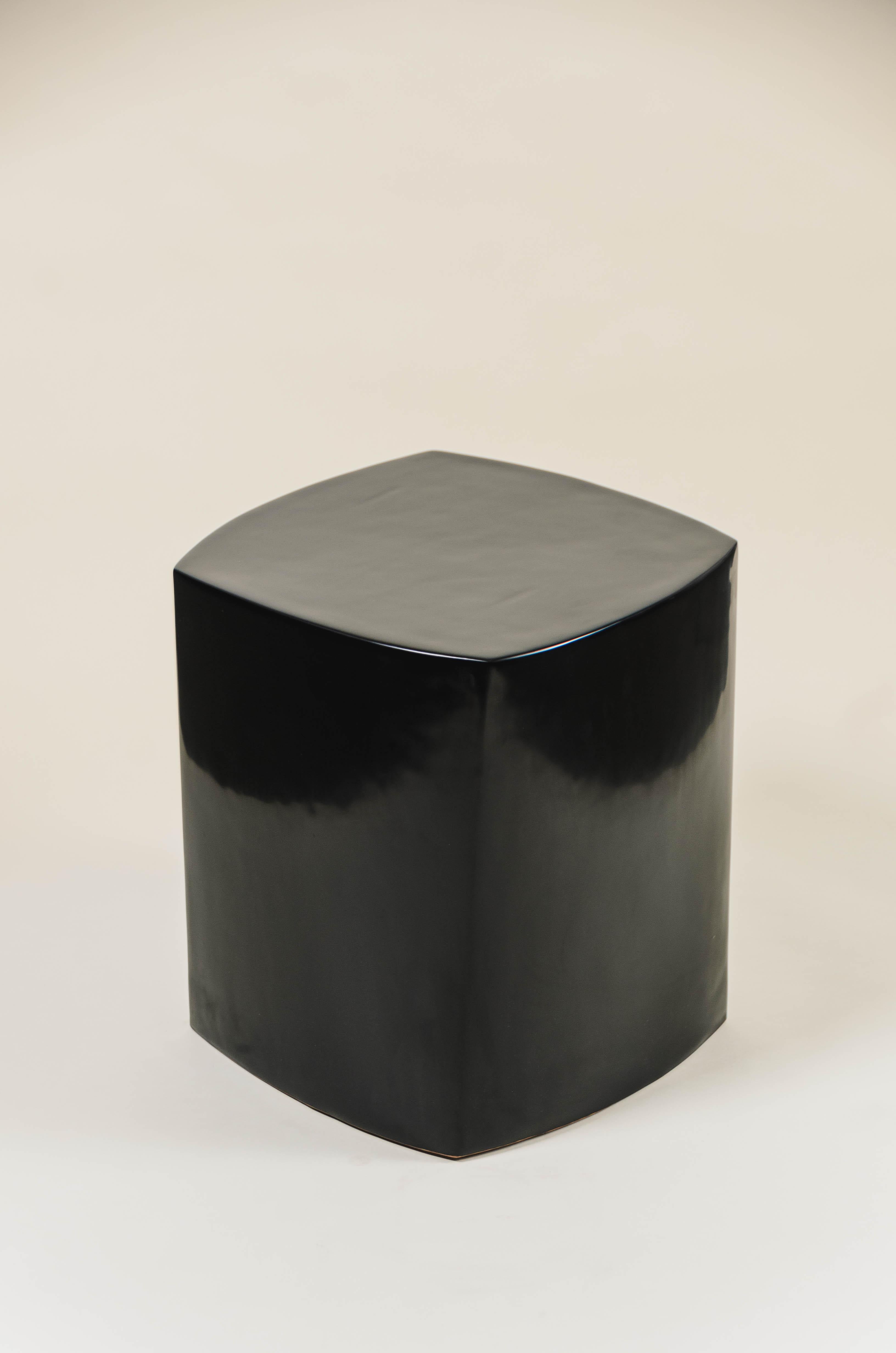 Minimalist Contemporary Fang Bei Drumstool in Black Lacquer by Robert Kuo, Limited Edition For Sale