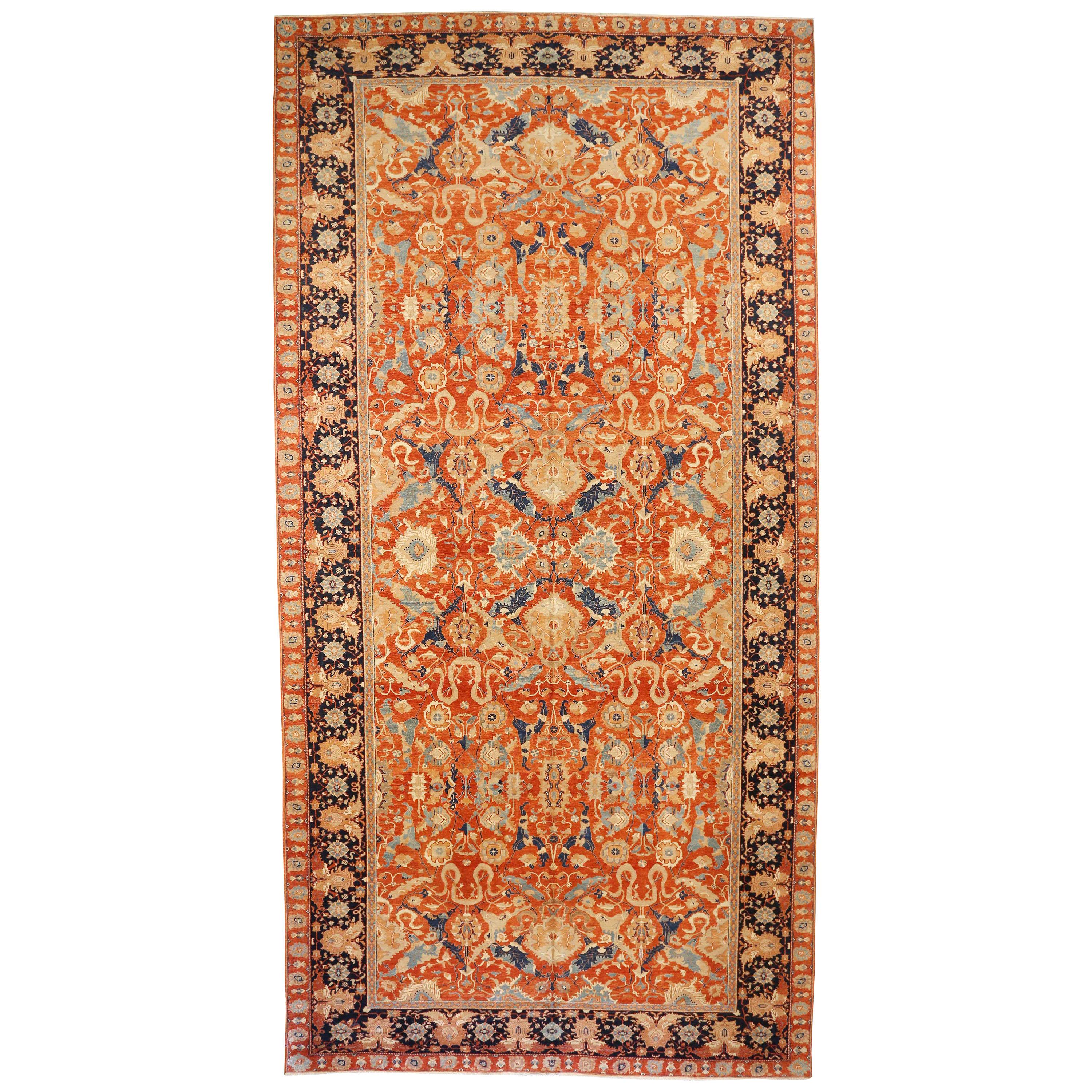 Contemporary Farahan Style Rug with Navy and Gray Floral Details on Orange Field For Sale