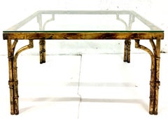 21st Century Faux Bamboo Gilt Gold Glass Top Iron Coffee Table