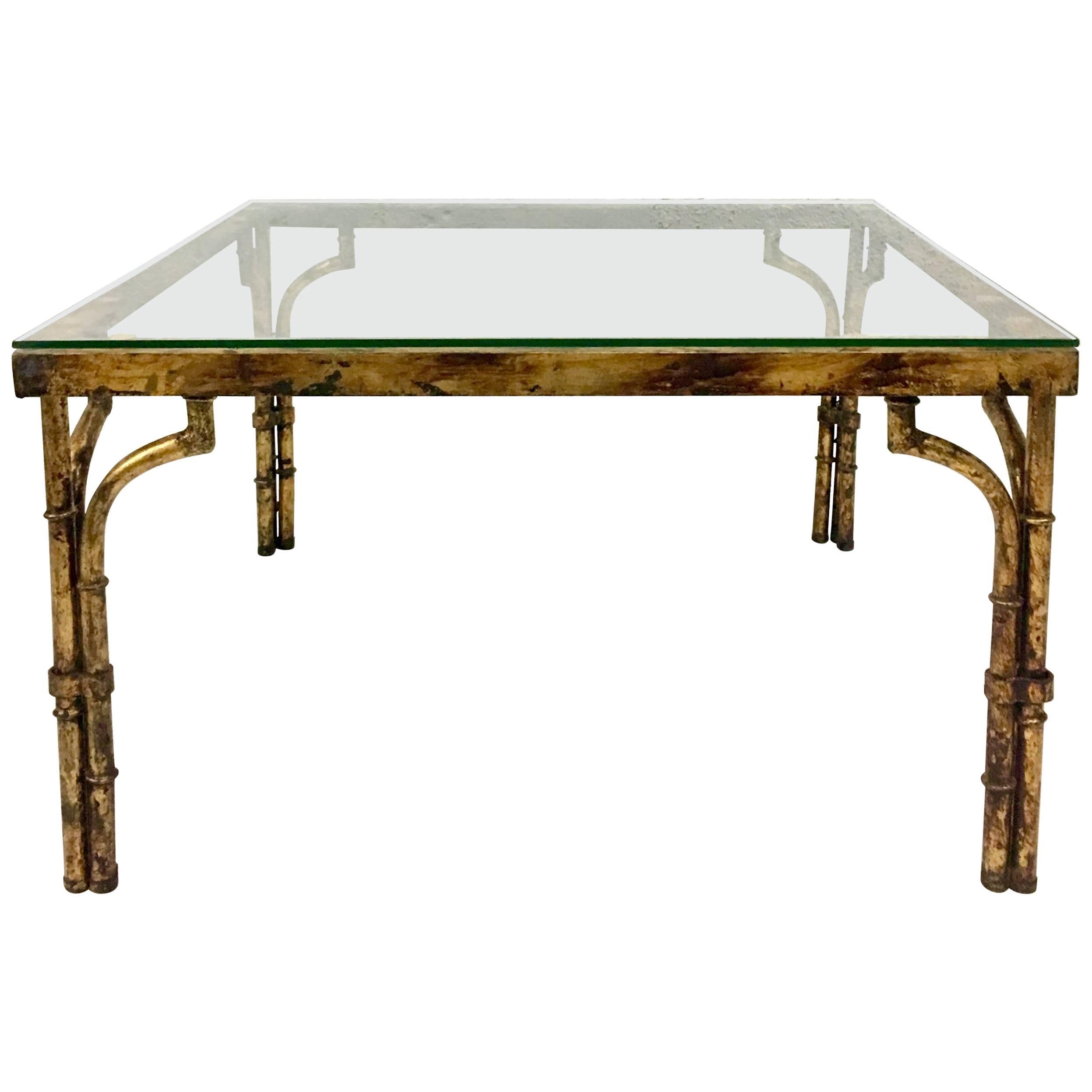 21st Century Faux Bamboo Gilt Gold Glass Top Iron Coffee Table For Sale