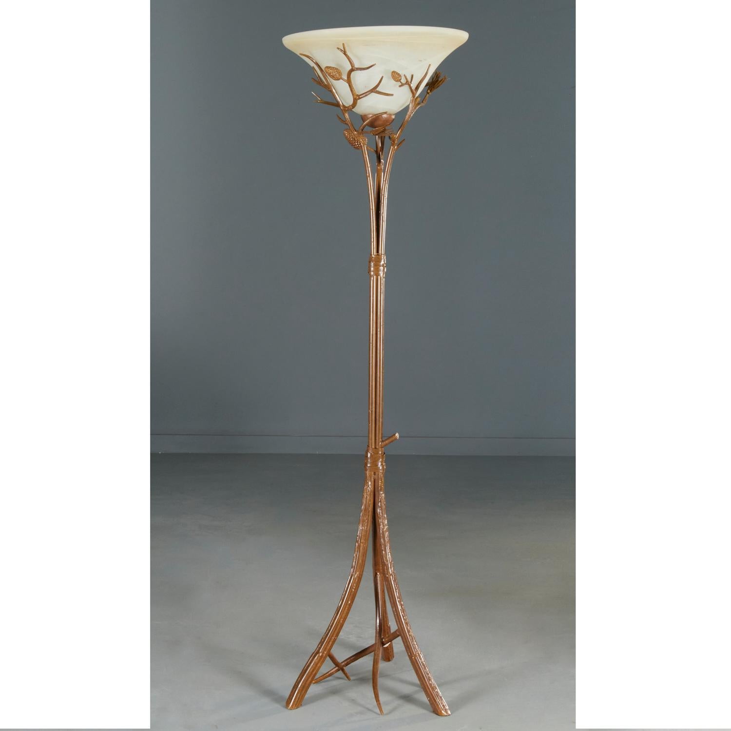 20th Century Contemporary Faux Bois Torchiere Floor Lamp with Fir Pine Cones and Needles For Sale