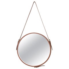 Contemporary Faux Leather Strap Framed Circular Mirror