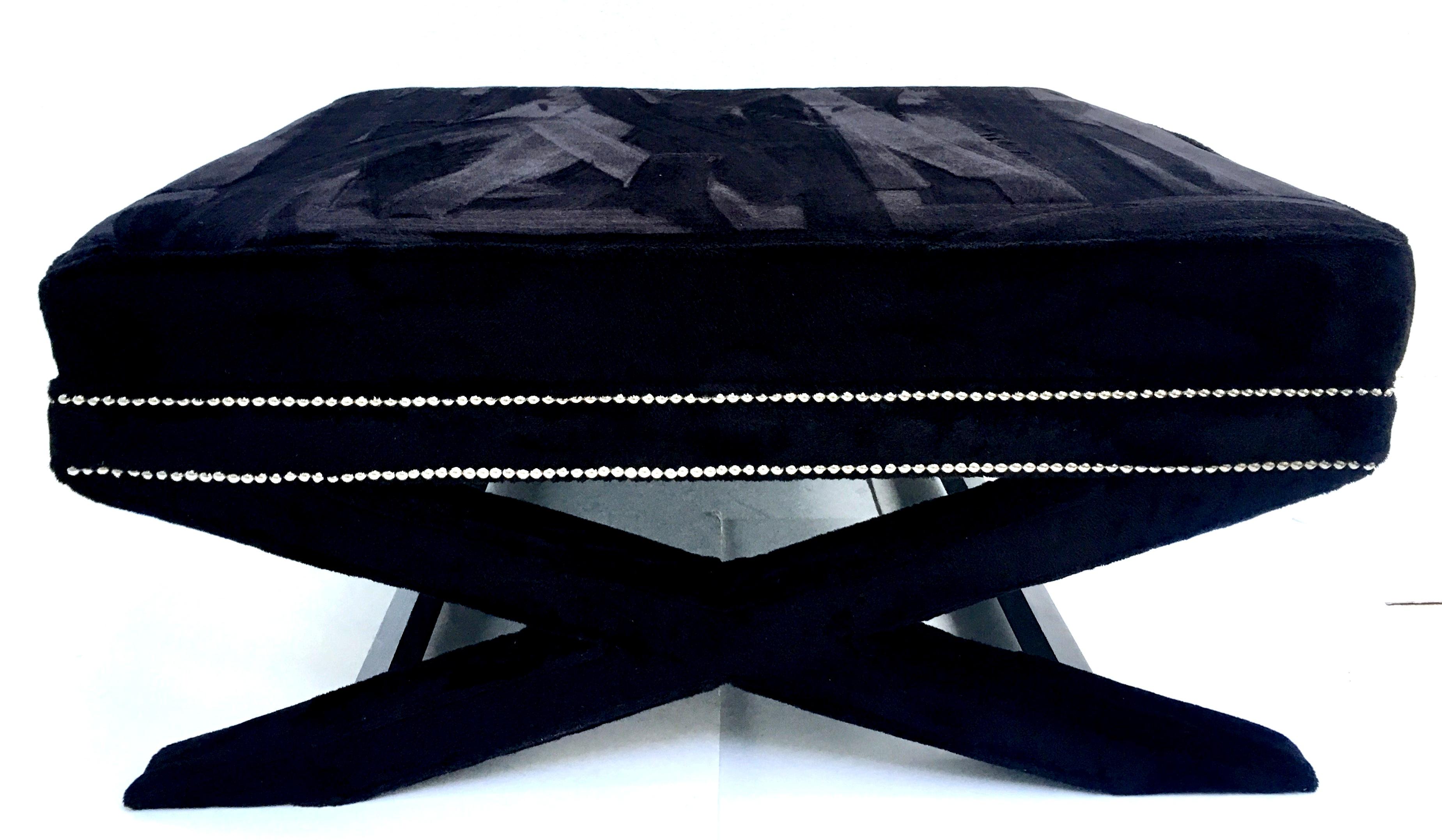 Contemporary custom-made faux mink fur X-base ottoman coffee table. This 40.5