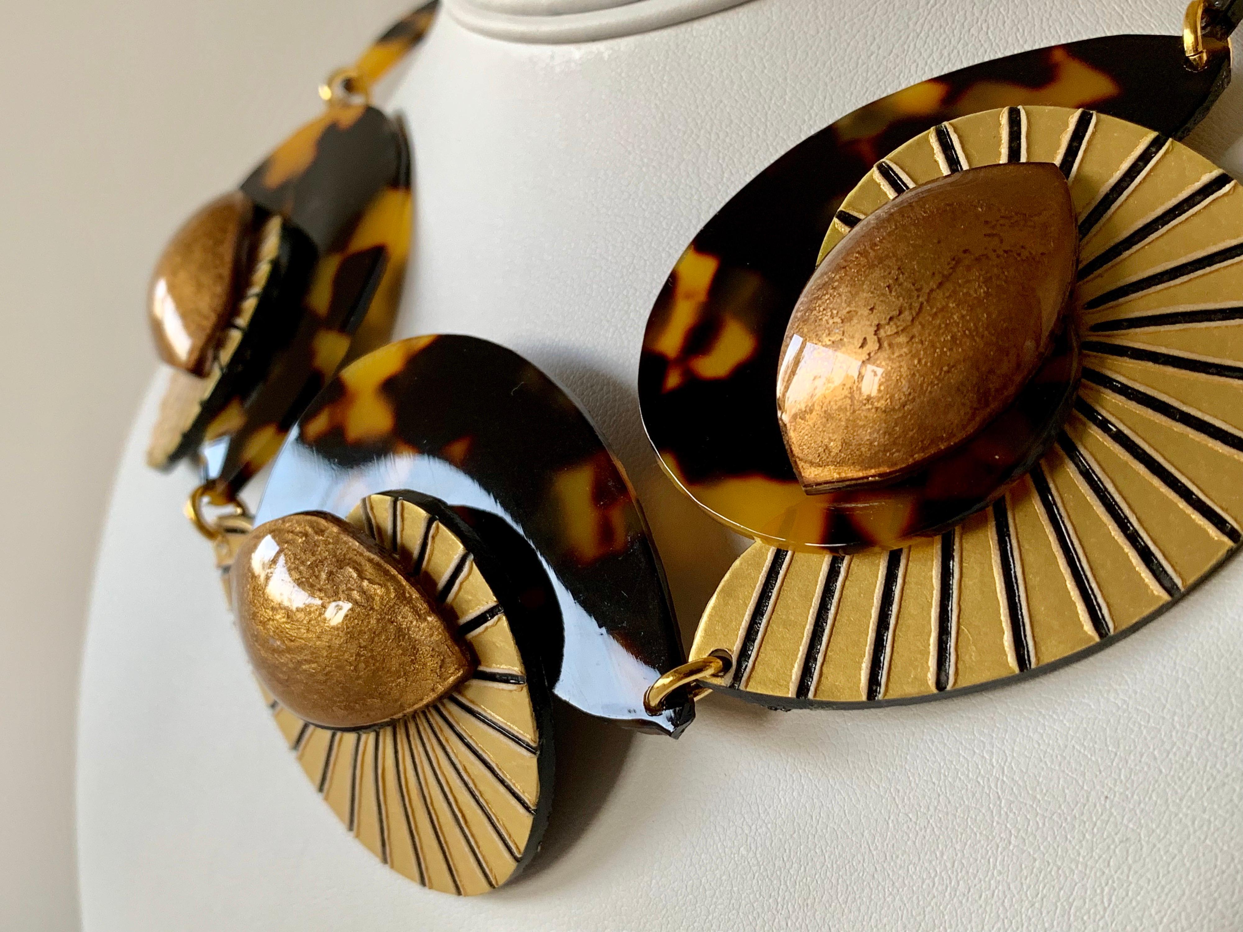 Contemporary  Faux Tortoise Gold  Swirl Abstract Statement Necklace  5