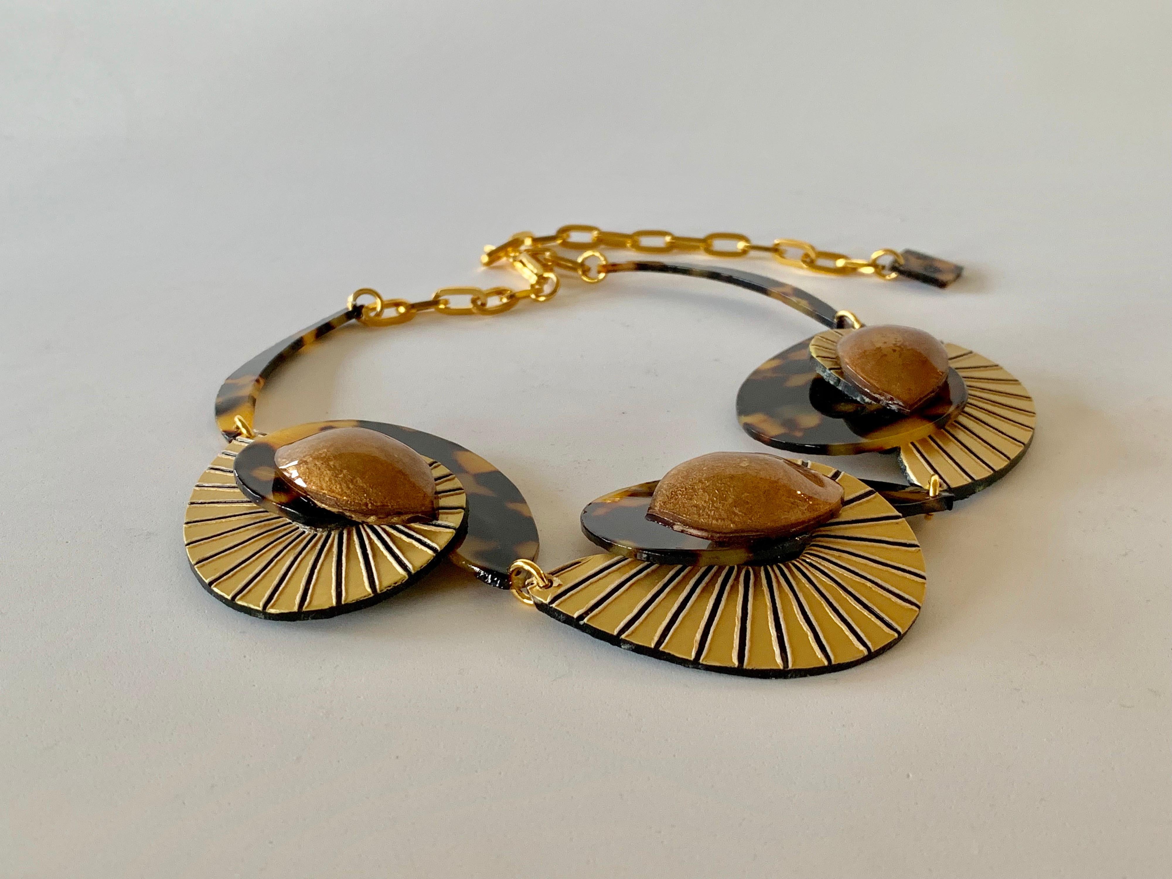 Contemporary  Faux Tortoise Gold  Swirl Abstract Statement Necklace  6