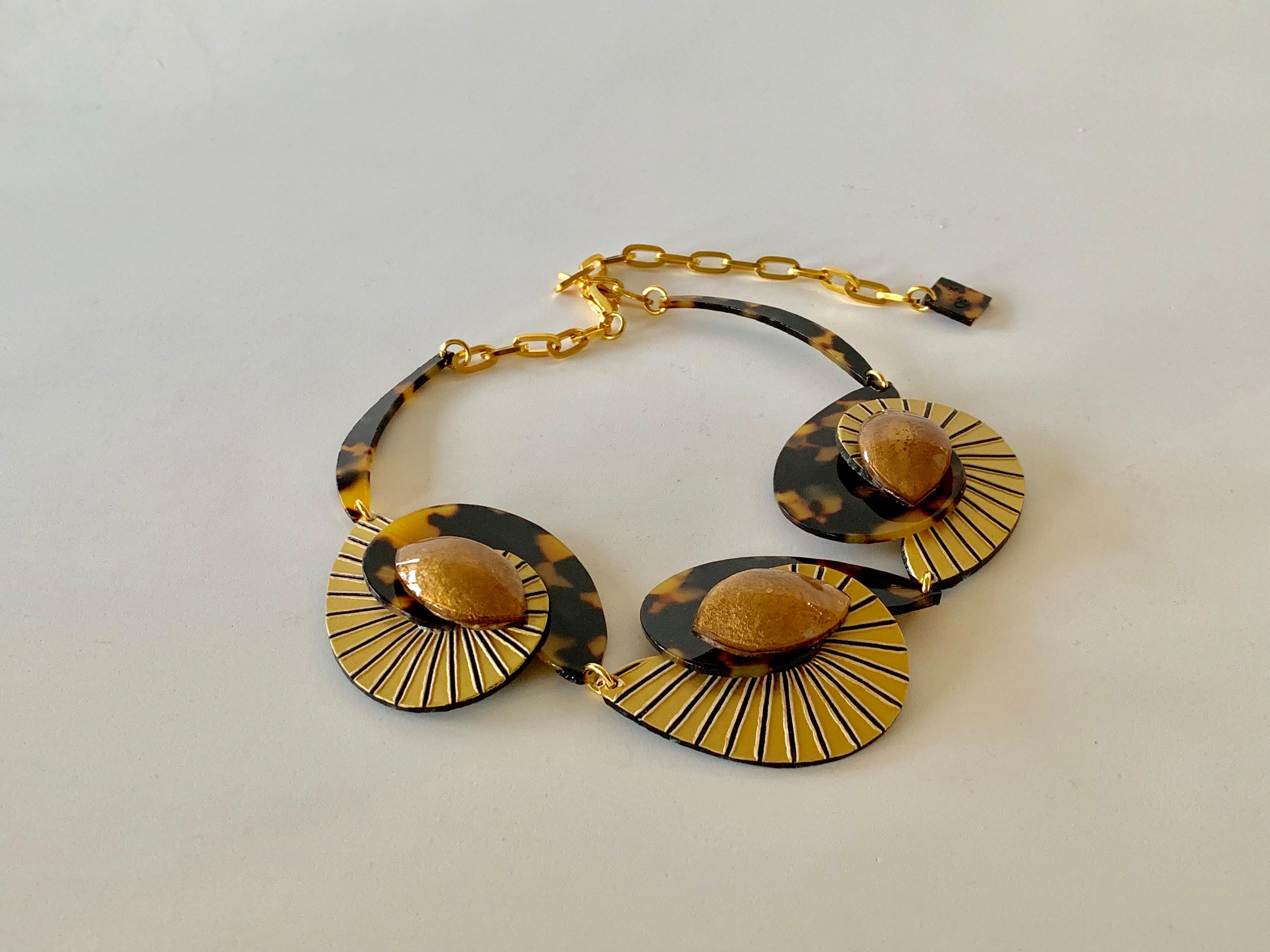 Contemporary  Faux Tortoise Gold  Swirl Abstract Statement Necklace  7