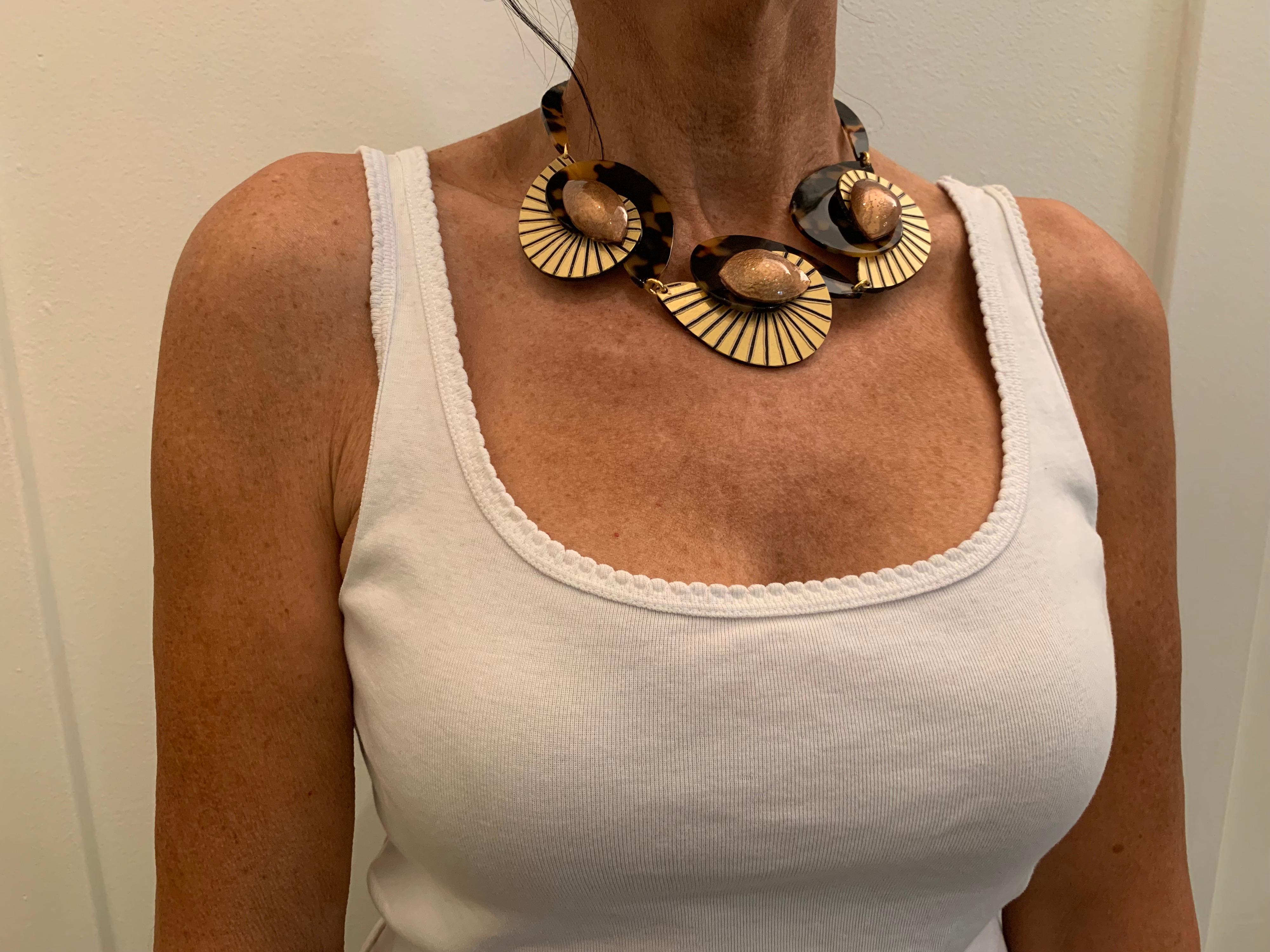 Contemporary  Faux Tortoise Gold  Swirl Abstract Statement Necklace  In New Condition In Palm Springs, CA
