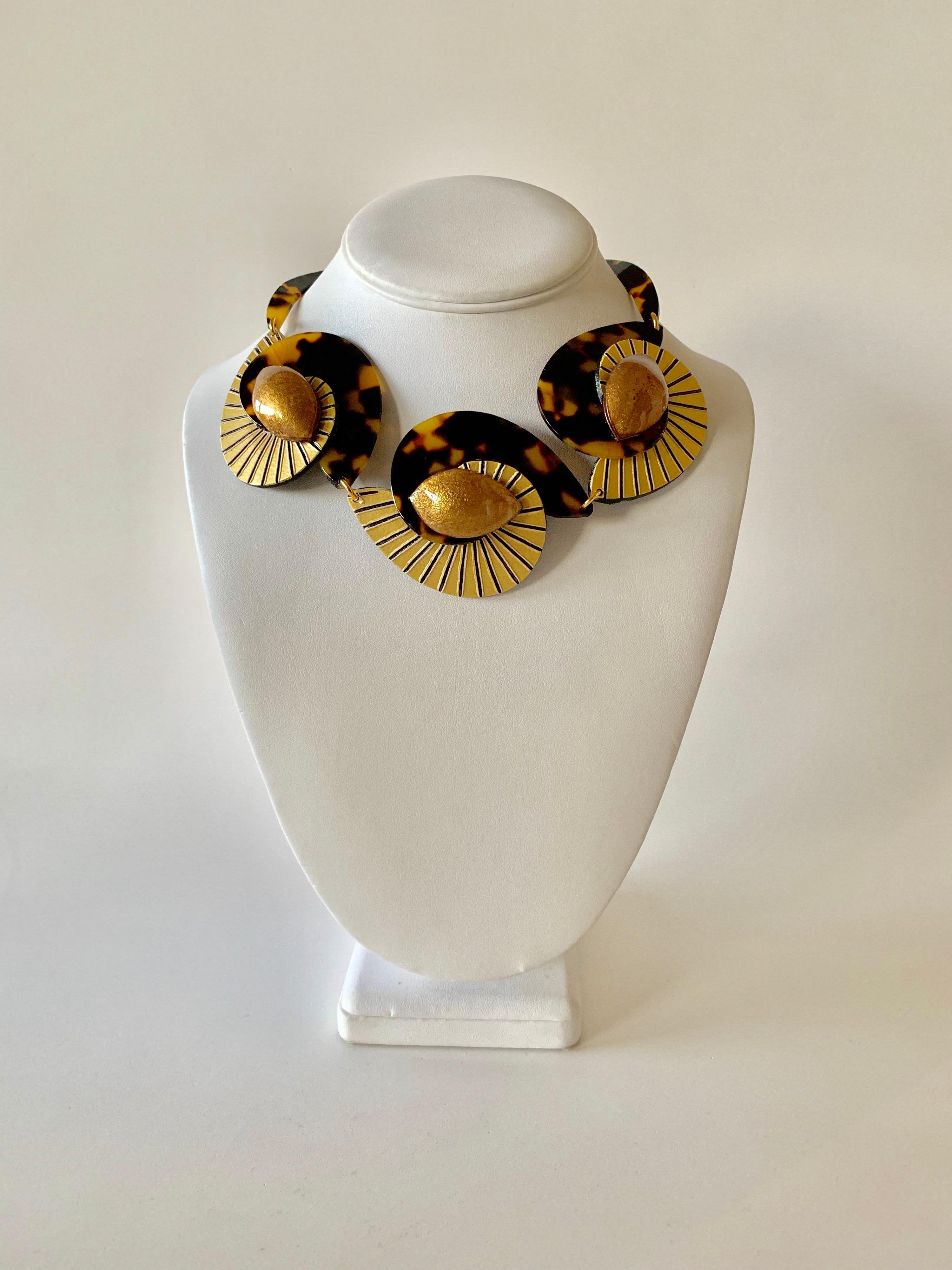 Contemporary  Faux Tortoise Gold  Swirl Abstract Statement Necklace  3