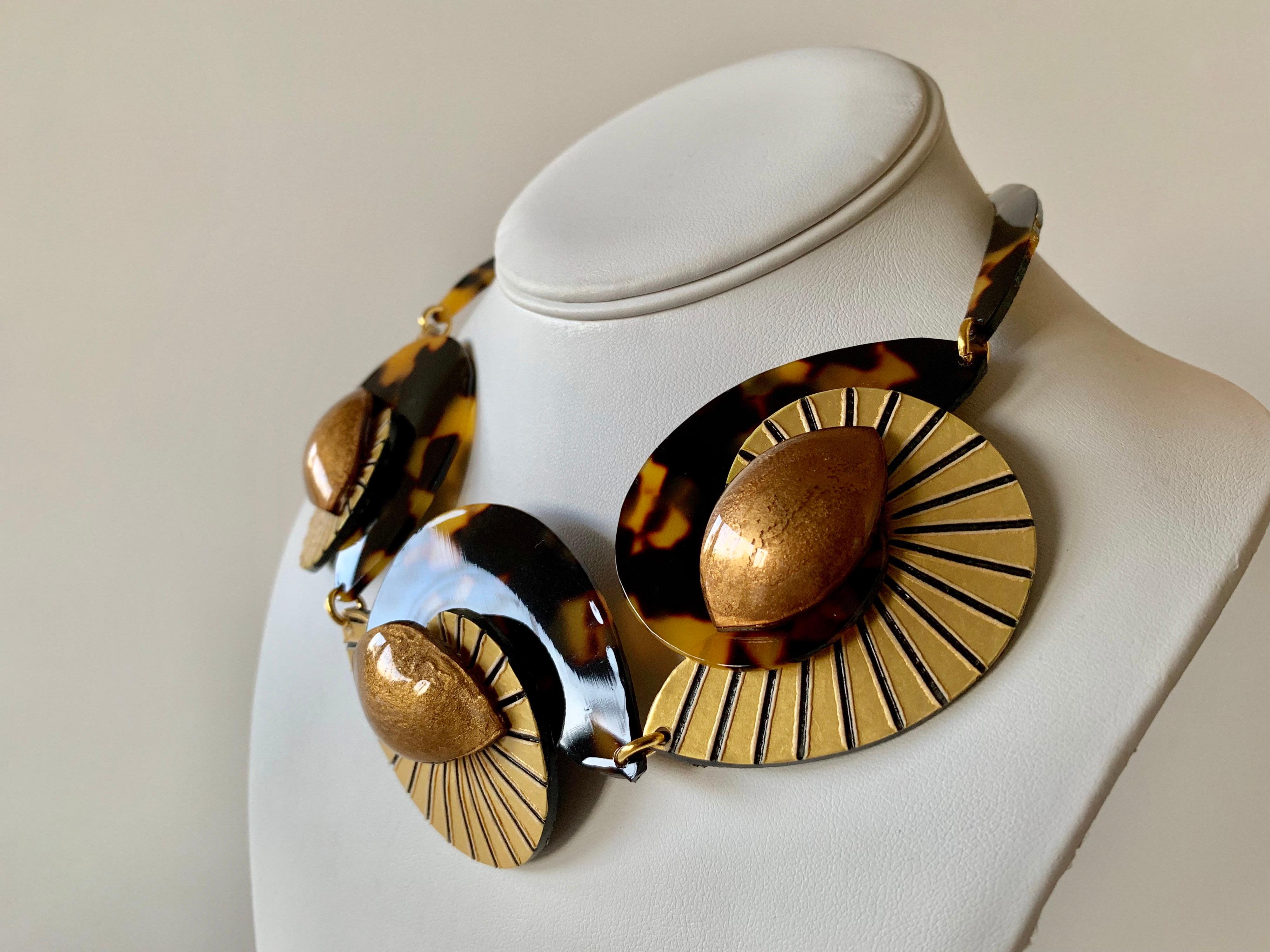 Contemporary  Faux Tortoise Gold  Swirl Abstract Statement Necklace  4