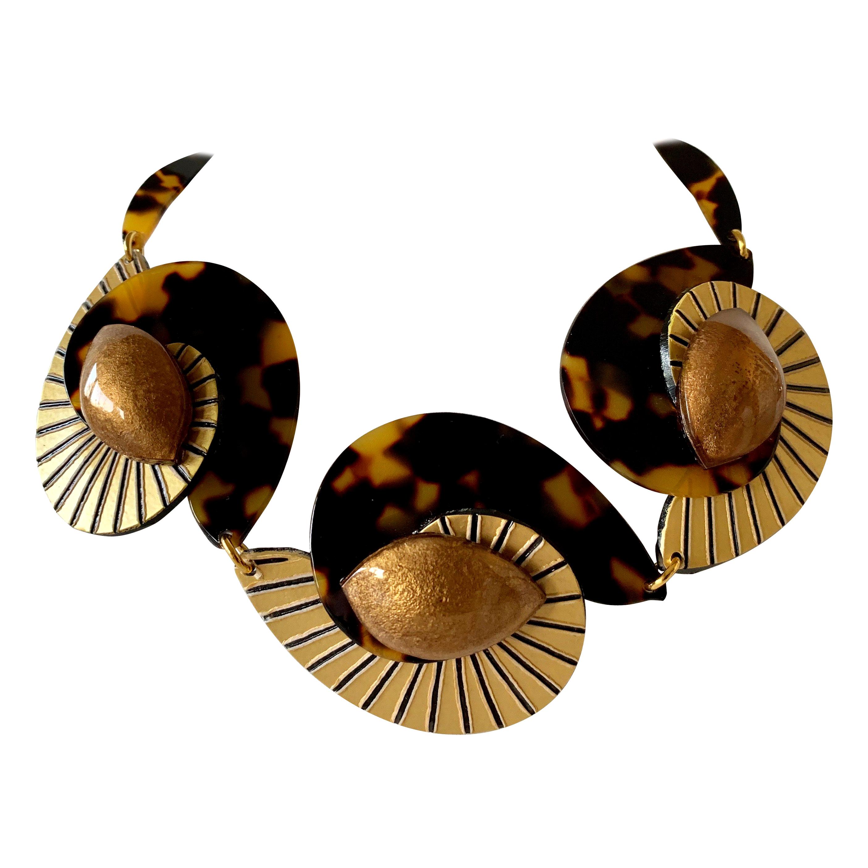 Contemporary  Faux Tortoise Gold  Swirl Abstract Statement Necklace 