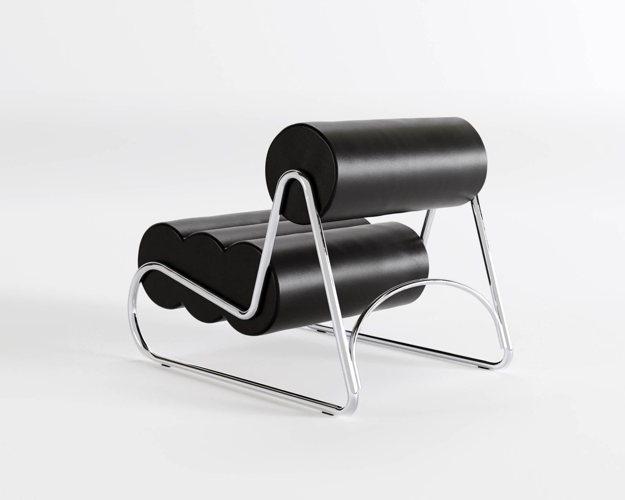 Steel Contemporary Fave Chair by Norr11, Chrome Frame, Black Leather For Sale