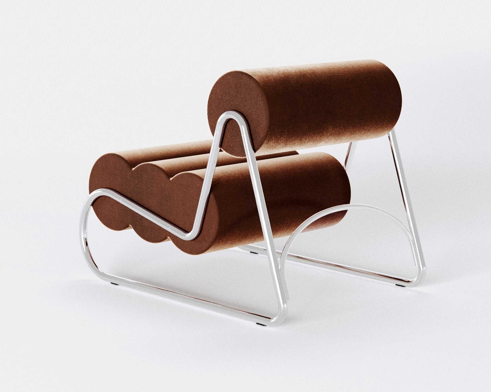 Scandinavian Modern Contemporary Fave Chair by Norr11, Chrome Frame, Brown Velvet For Sale