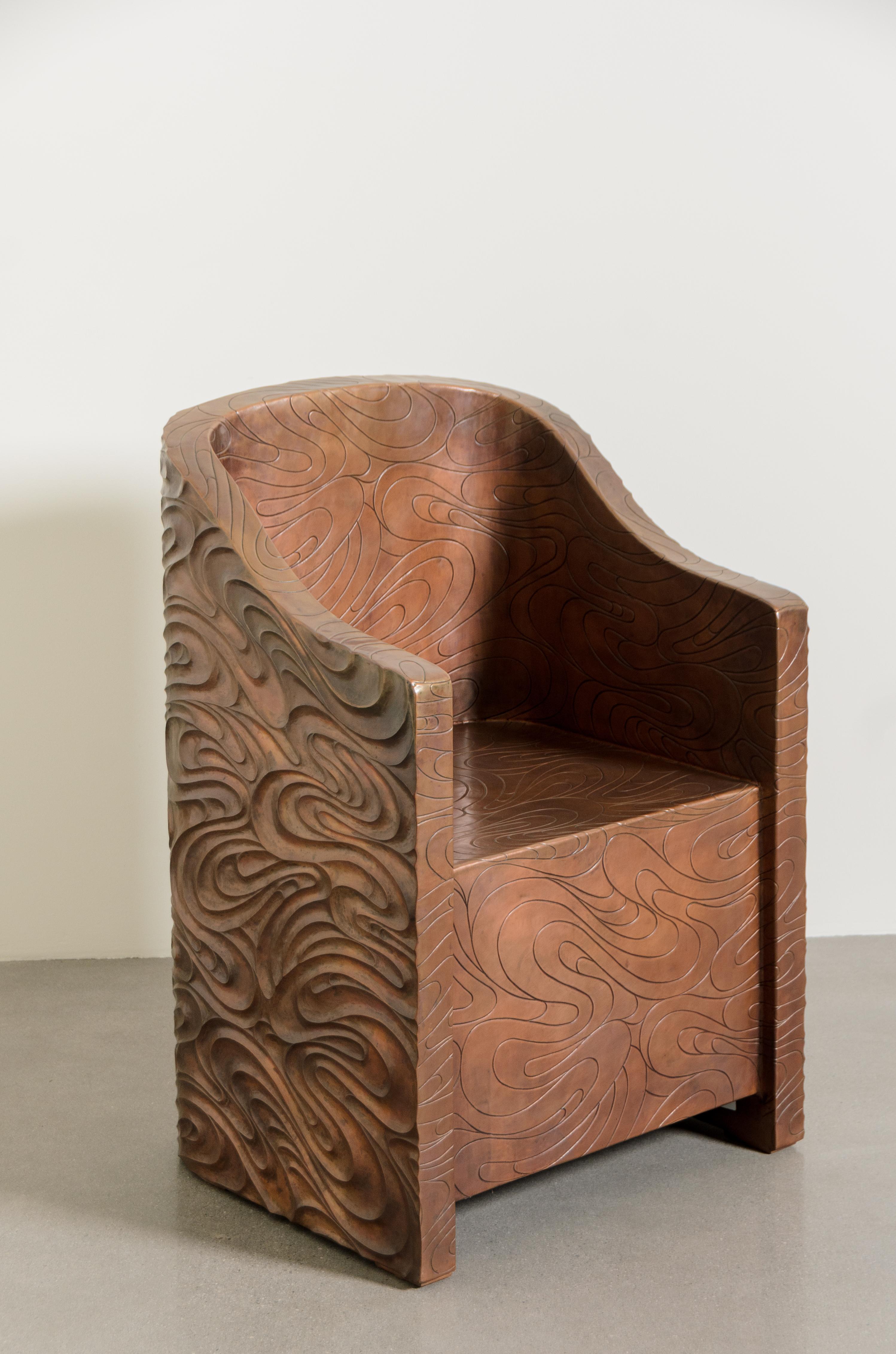 Fei Tian Wen Chair
Antique Copper
Wood Base
Hand Repoussé
Limited Edition
Each piece is individually crafted and is unique. 

Repoussé is the traditional art of hand-hammering decorative relief onto sheet metal. The technique originated around 800