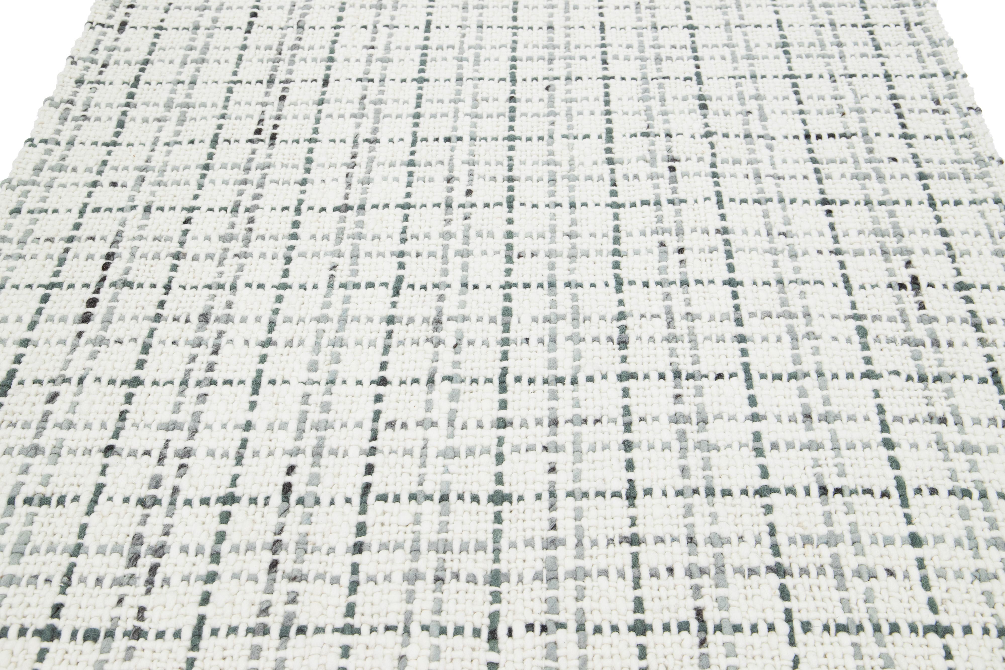 Contemporary Felted Handmade Wool Rug In Ivory and Gray by Apadana For Sale 1
