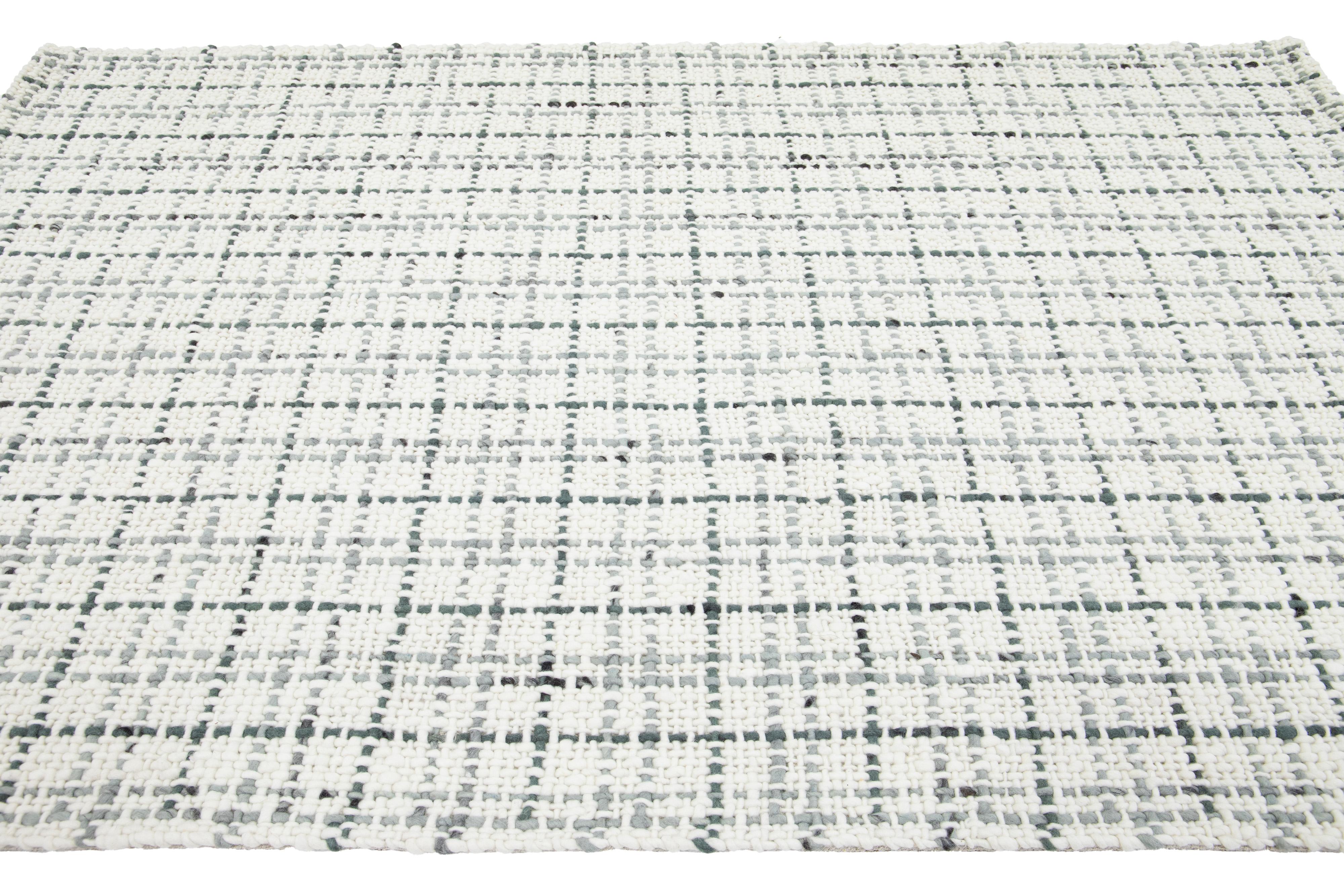 Contemporary Felted Handmade Wool Rug In Ivory and Gray by Apadana For Sale 3