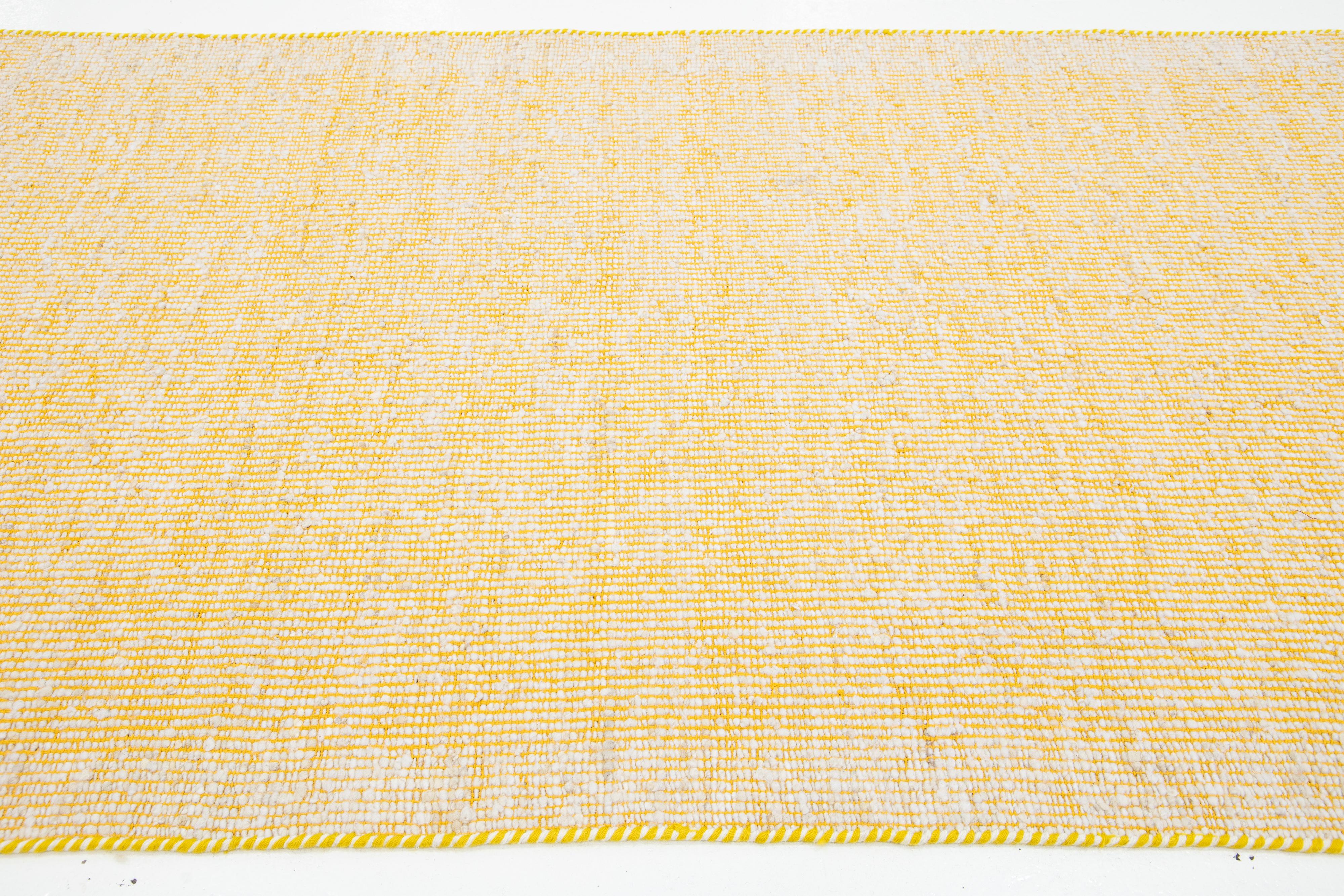 Hand-Woven Contemporary Felted Handmade Wool Rug In Yellow and Ivory by Apadana For Sale