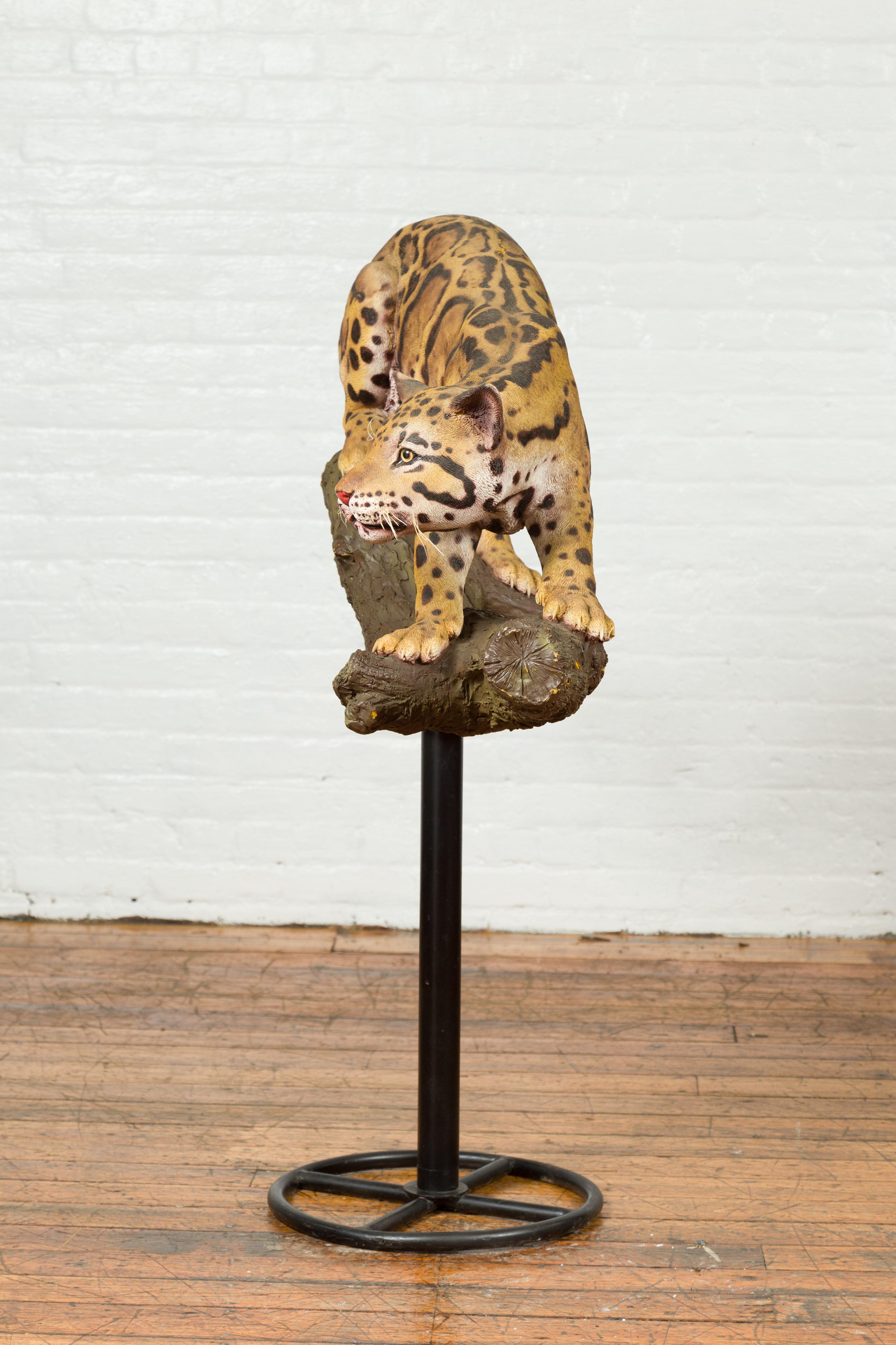 Contemporary Fiberglass Leopard Sculpture Mounted on a Tree Base 7