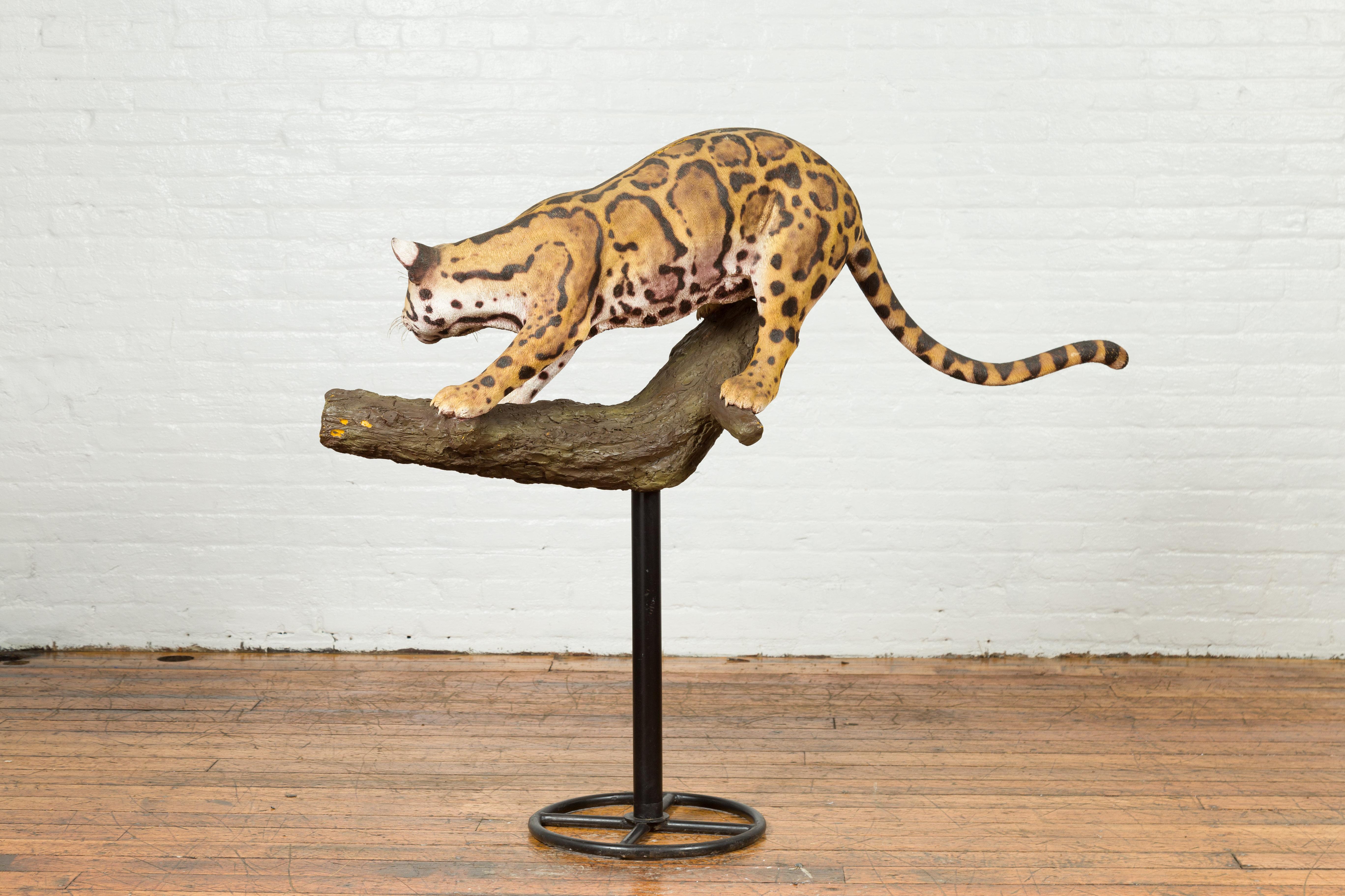 Contemporary Fiberglass Leopard Sculpture Mounted on a Tree Base 8