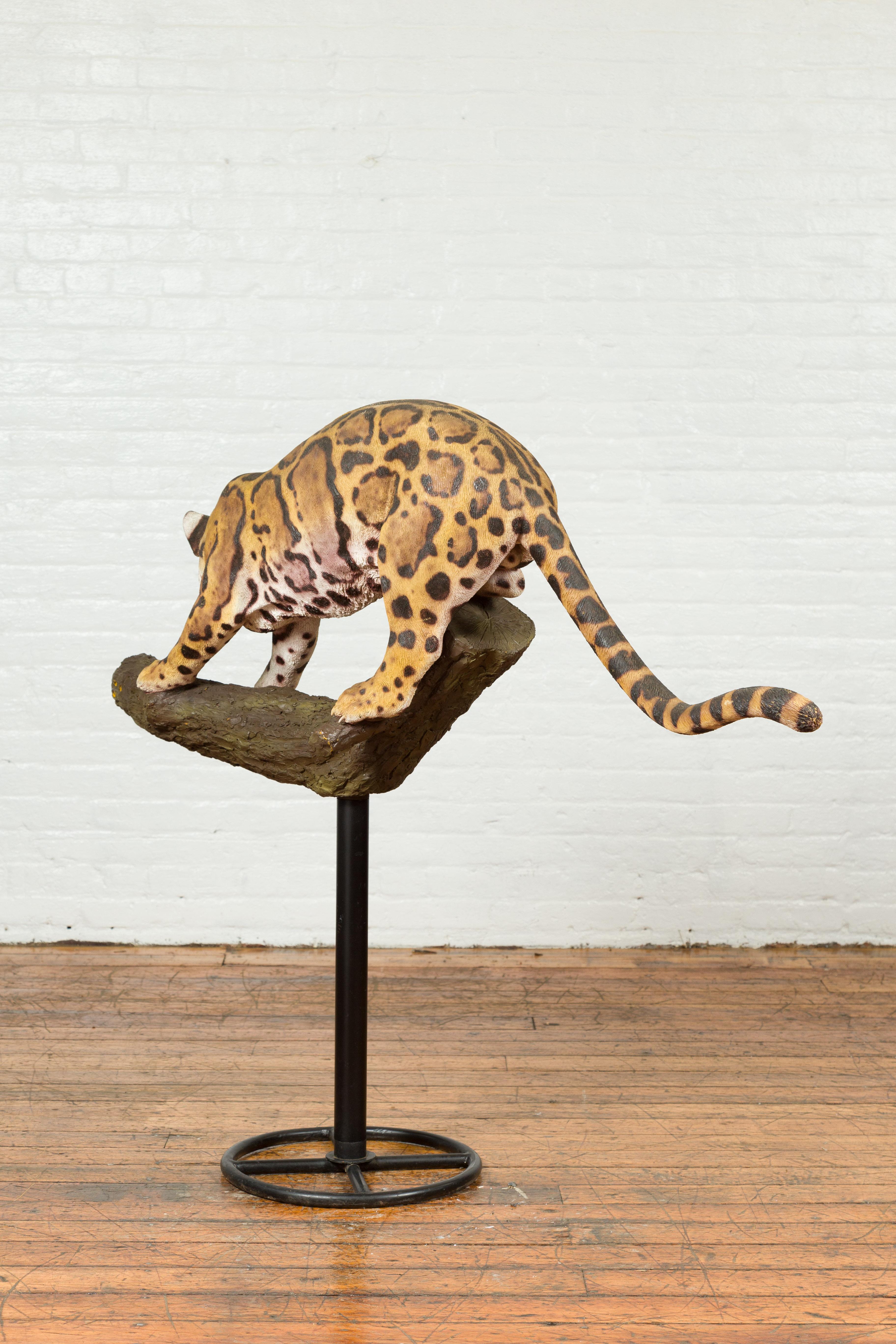 Contemporary Fiberglass Leopard Sculpture Mounted on a Tree Base 9