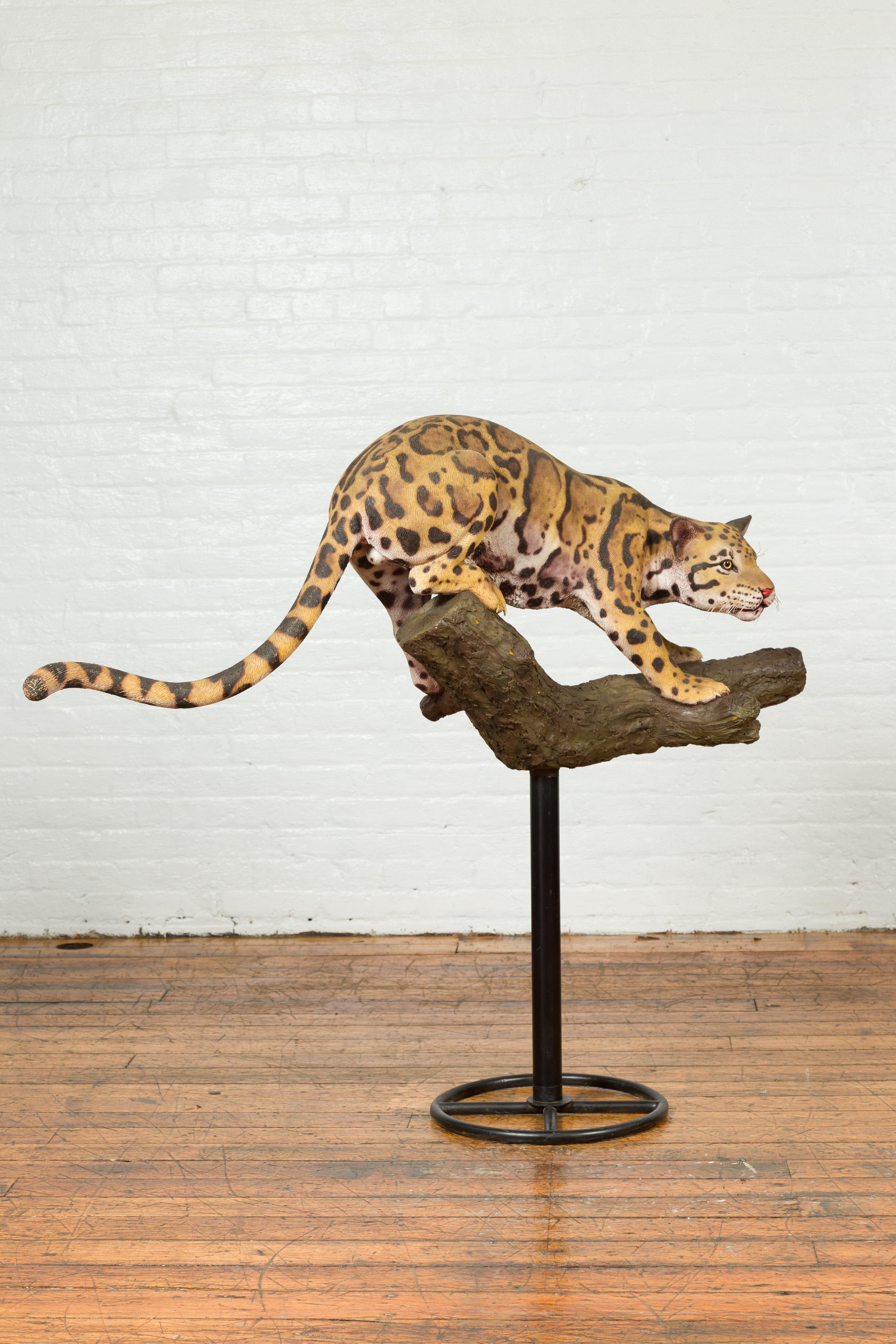 Contemporary Fiberglass Leopard Sculpture Mounted on a Tree Base 10