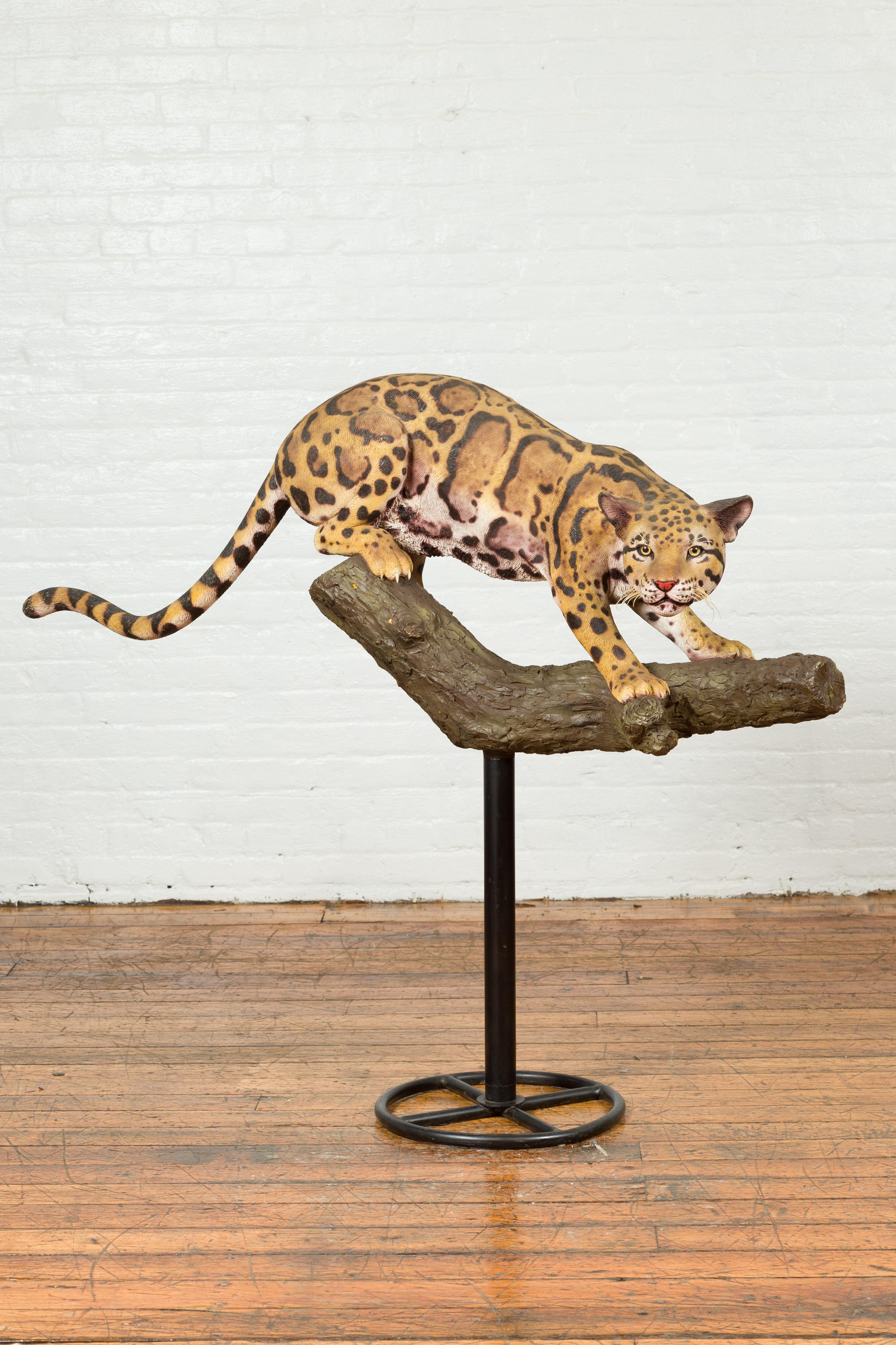 Contemporary Fiberglass Leopard Sculpture Mounted on a Tree Base In Good Condition In Yonkers, NY