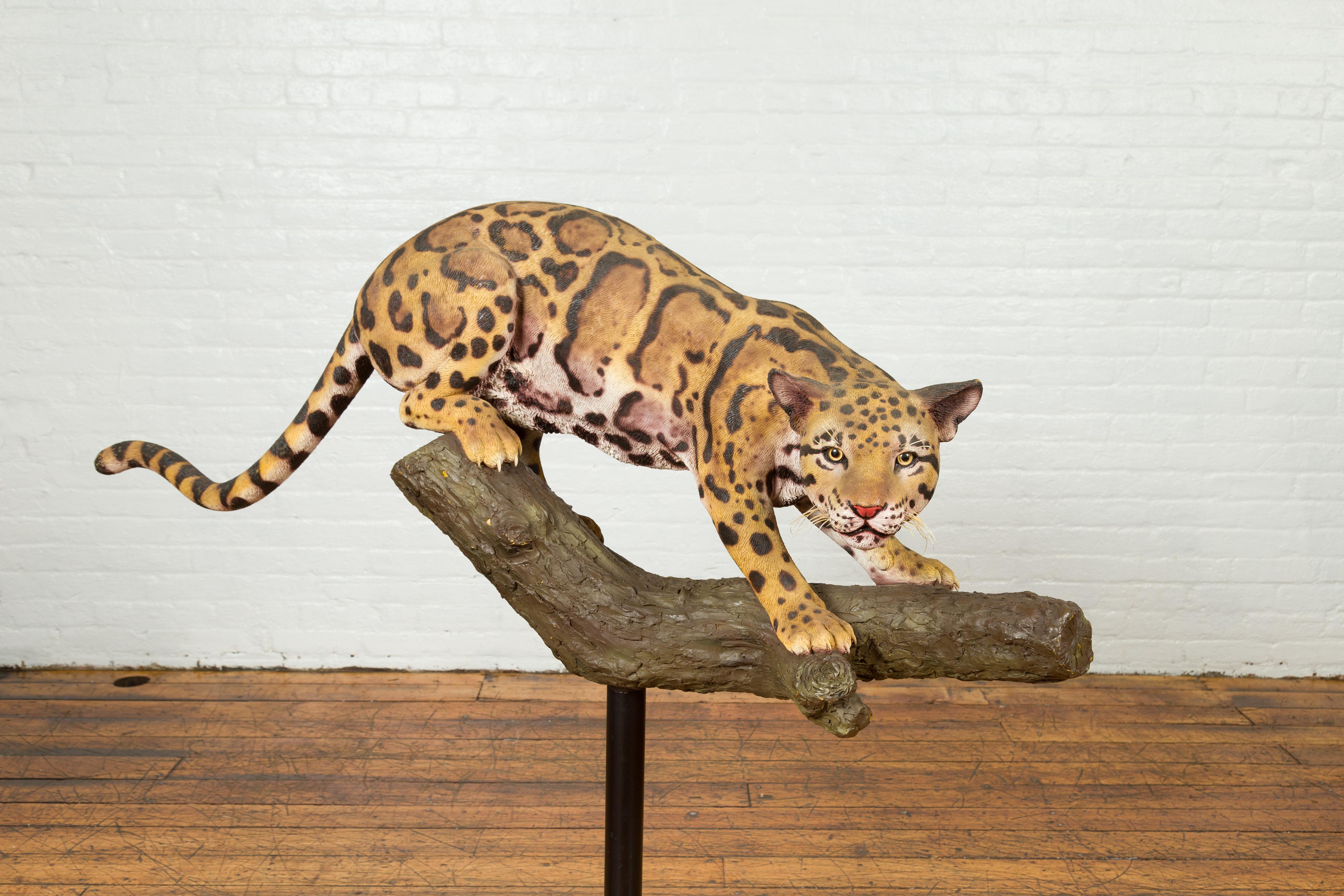 Contemporary Fiberglass Leopard Sculpture Mounted on a Tree Base 1