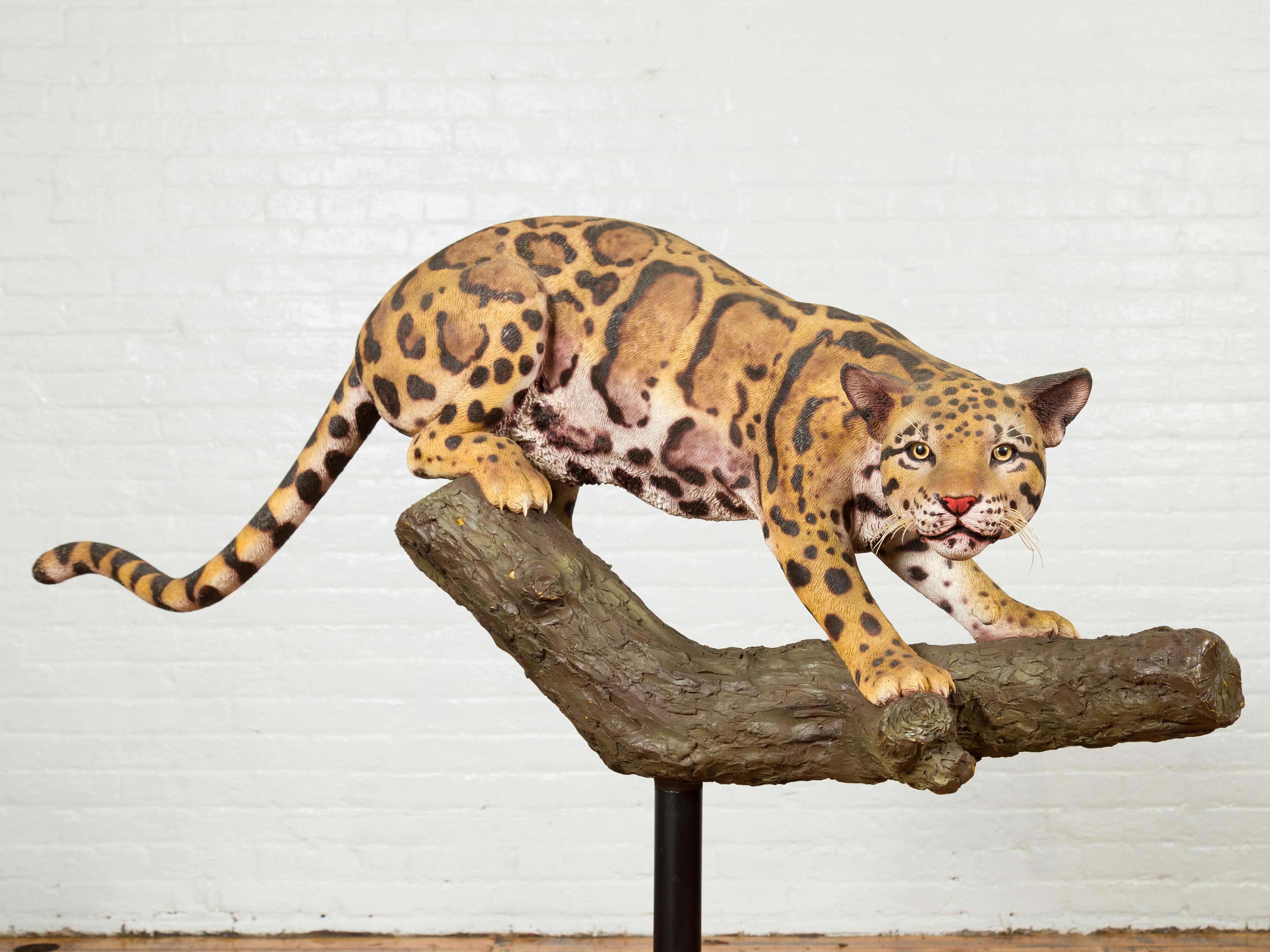 Contemporary Fiberglass Leopard Sculpture Mounted on a Tree Base 2