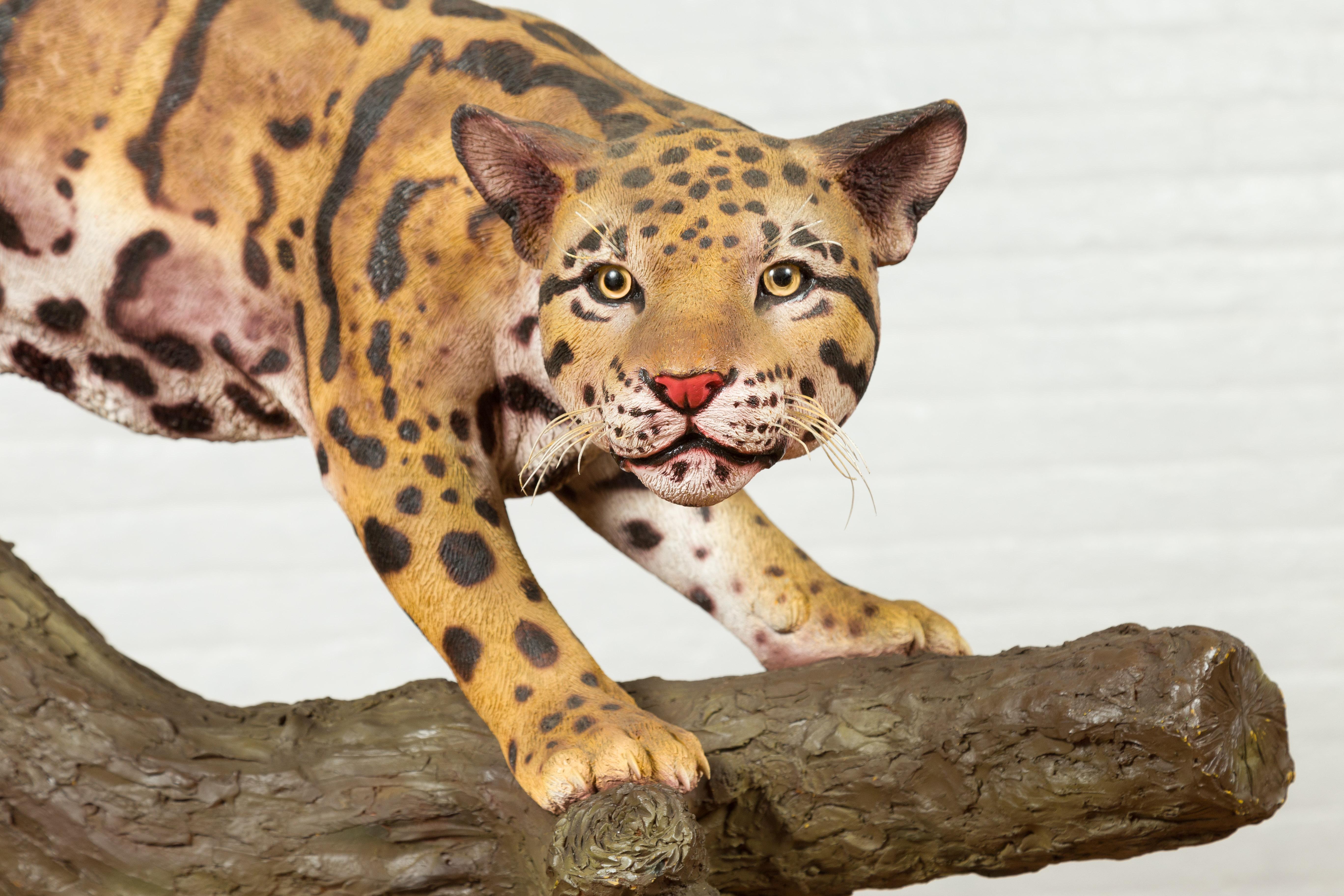 Contemporary Fiberglass Leopard Sculpture Mounted on a Tree Base 3