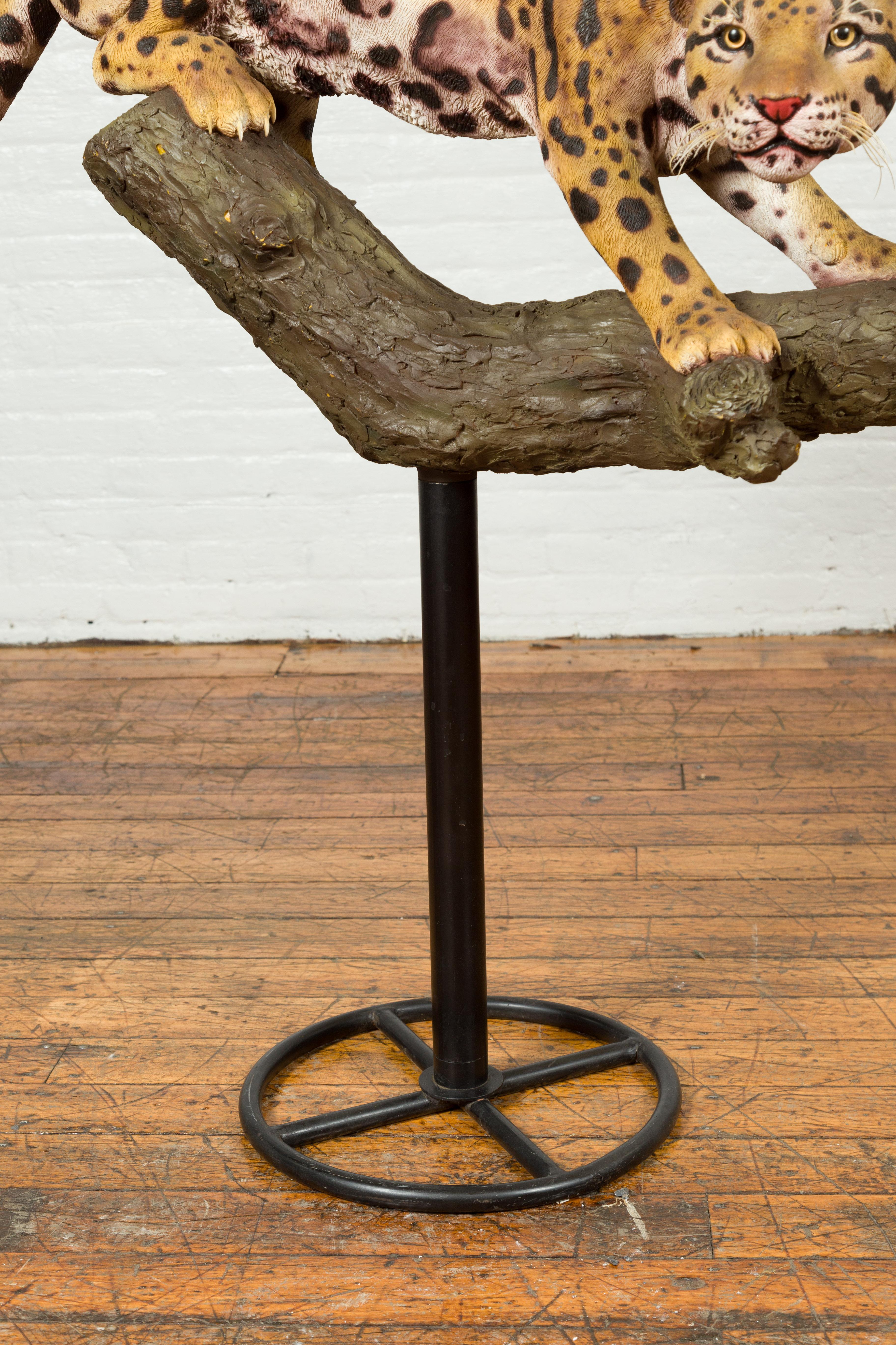 Contemporary Fiberglass Leopard Sculpture Mounted on a Tree Base 5
