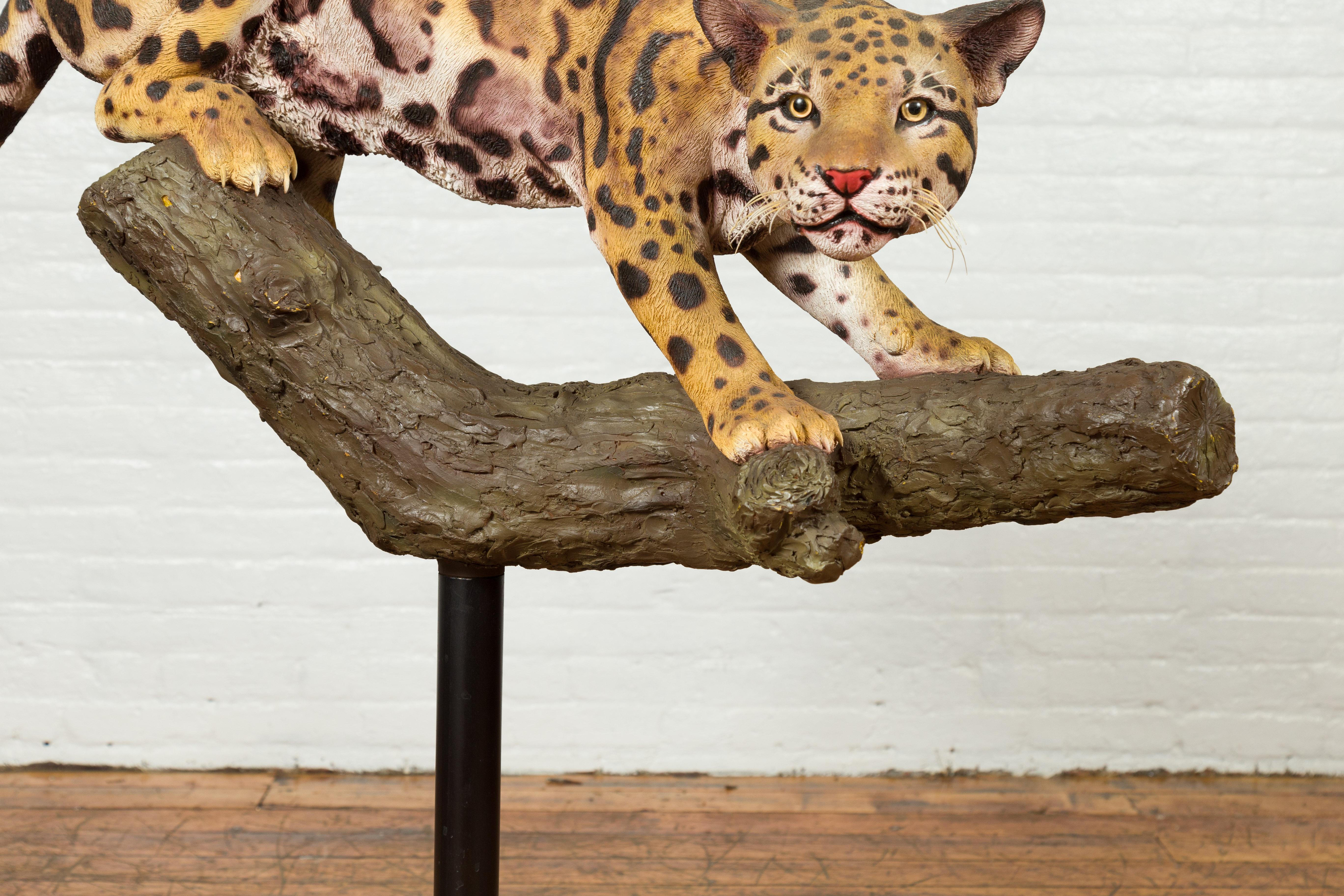 Contemporary Fiberglass Leopard Sculpture Mounted on a Tree Base 6